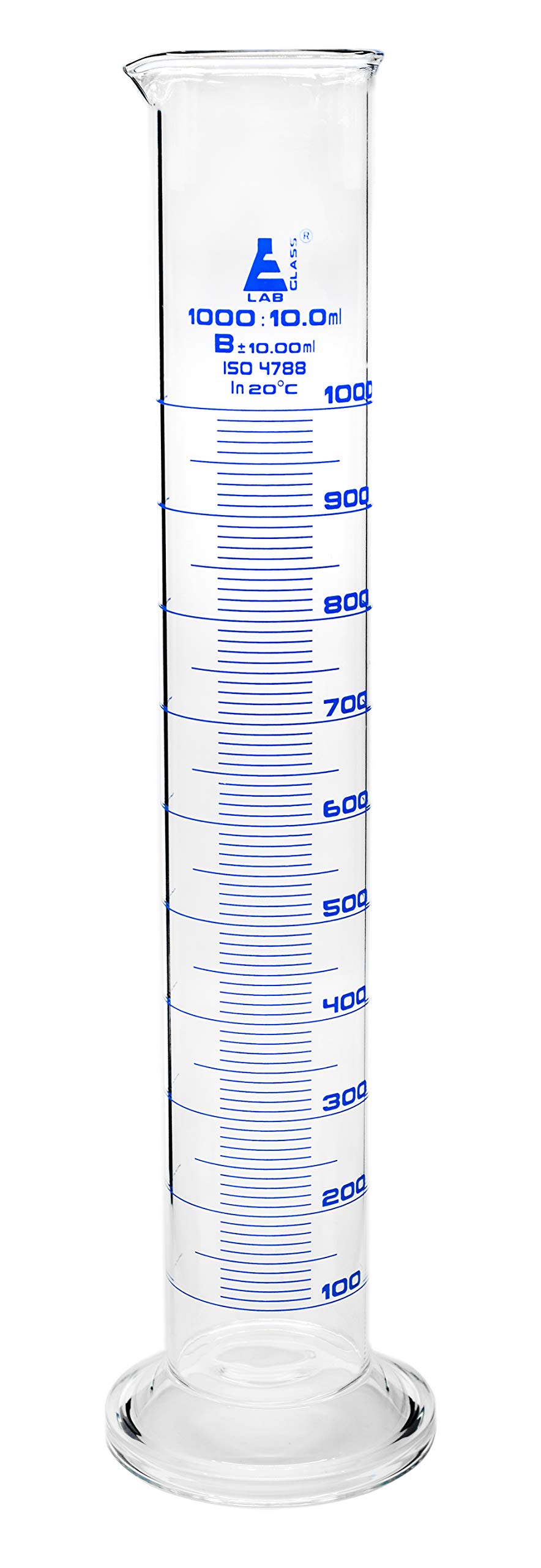 EISCO Graduated Cylinder, 1000Ml - Class B Tolerance ±10.0Ml - Round Base - Blue Graduations - Borosilicate 3.3 Glass - Eisco Labs