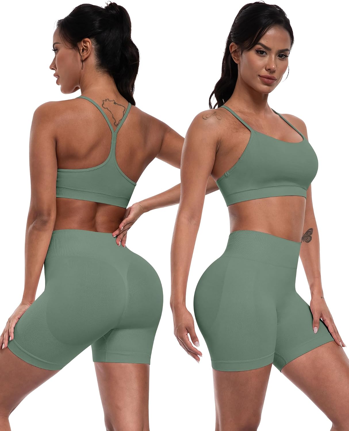 Women 3 Piece Workout Sets Seamless Running Tops Athletic Gym Yoga Short Y Back Sports Bras Outfits