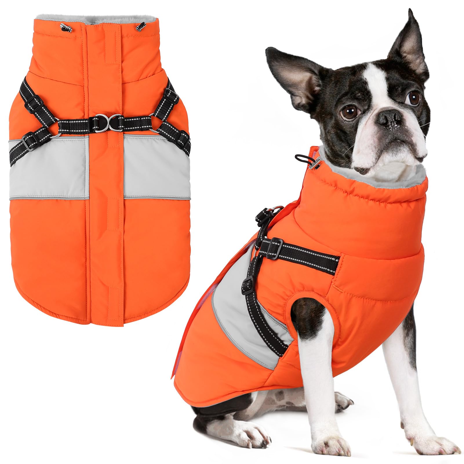 SUNFURA Small Dog Coat with Harness Built in, Warm Dog Jacket Winter with Zipper On Back, Waterproof Pet Snow Jacket Snowsuit Pet Sweater Clothes for Puppy, Orange XS — image 1