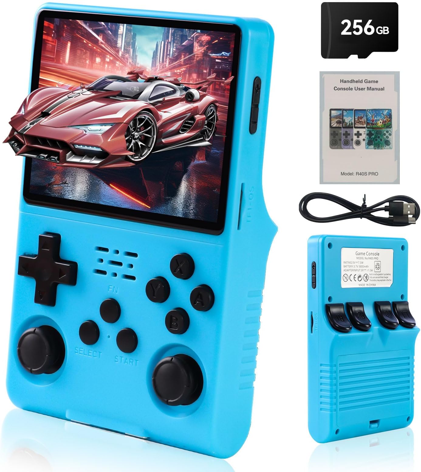 R40S Pro Handheld Game Console,30000 HD Games Mini Retro Gaming Console,3.5-Inch IPS Screen,Built in 45 Emulators,256GB SD Card,3800mAh Battery(Blue Color)