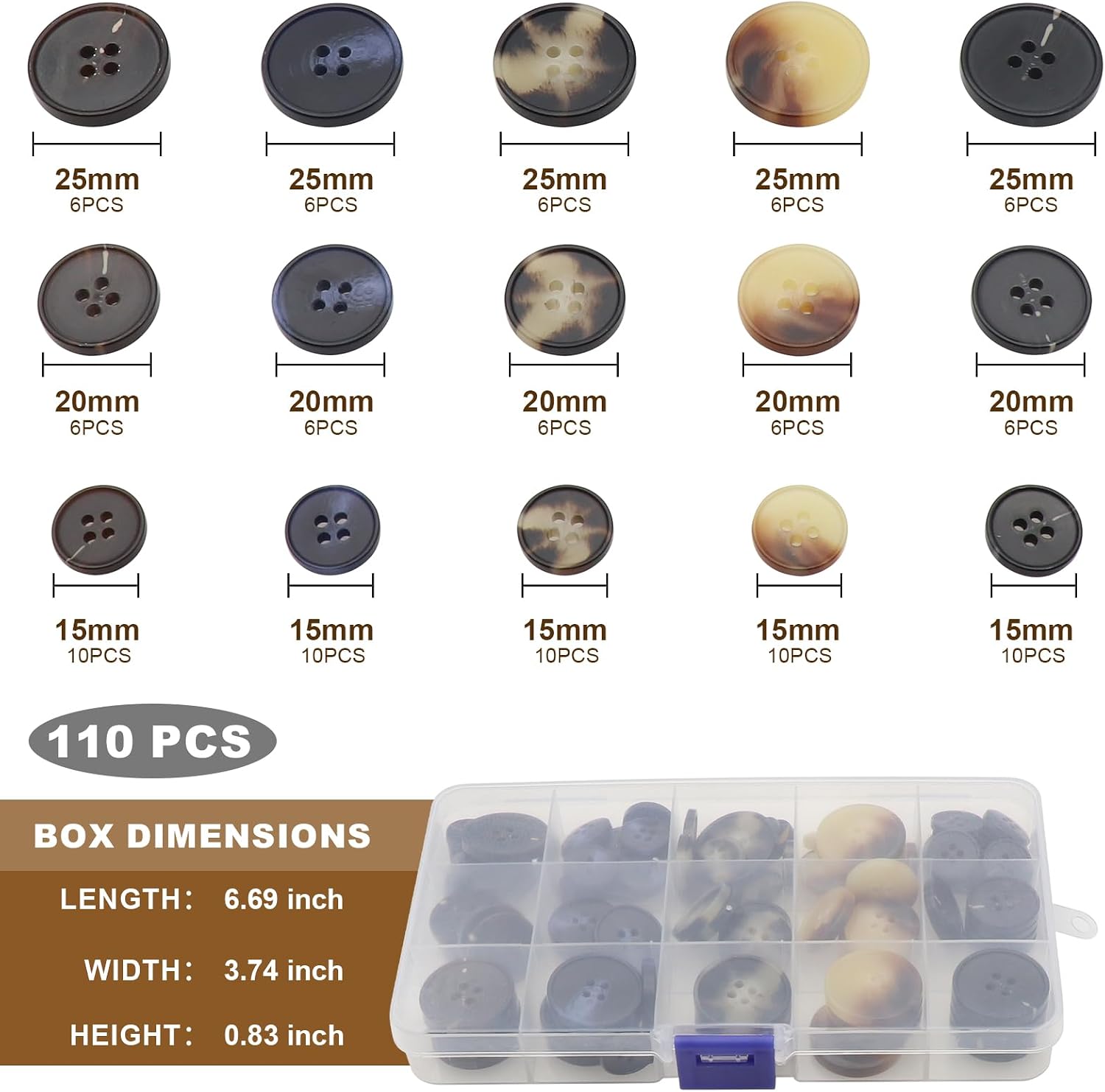 110 PCS Assorted Sewing Buttons, 4-Hole Rroud Resin Buttons for Clothing, Blazers, Suits & Coats | Decorative Buttons for Tailoring & DIY, 5 Colors, 3 Sizes (0.6 inch/0.8 inch/1 inch)