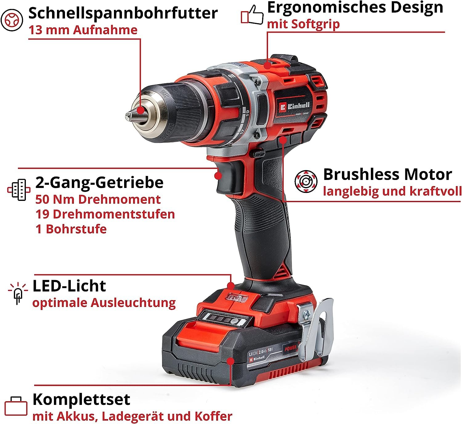 Einhell Professional Akku-Bohrschrauber TP-CD 18/50 Li BL Kit Power X-Change (18 V, Brushless, 50 Nm, 2 Gang, 13 mm Bohrfutter, inkl. 2x 2,0 Ah Akkus + Ladegerät)