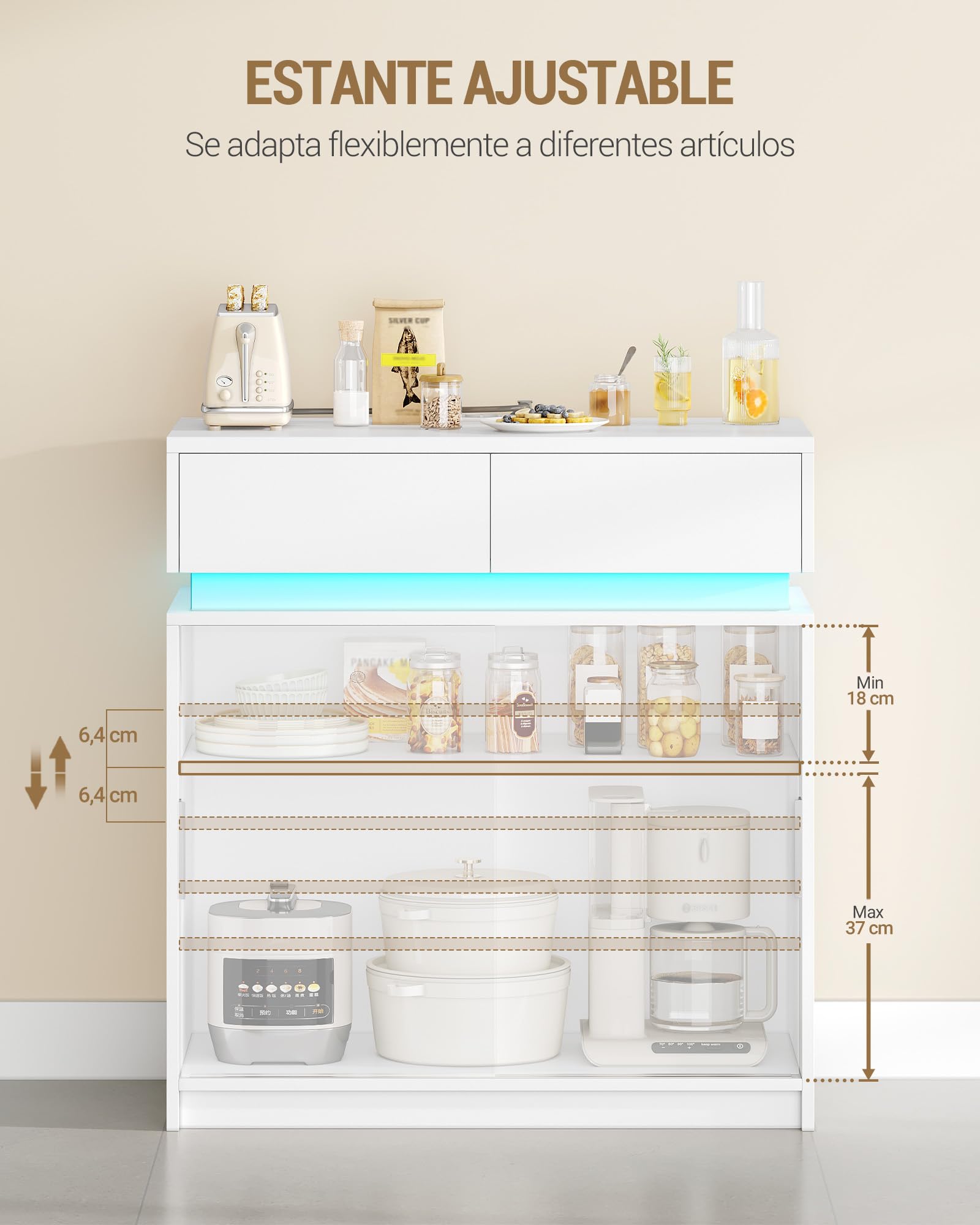 Hzuaneri Aparador, Armario de Cocina con 2 Puertas Corredizas, 2 Cajones, Regleta y Tira de Luces LED, Estantes Ajustables, Estilo Moderno, para Cocina o Salón, 40 x 80 x 85 cm, Blanco SC00203XEU