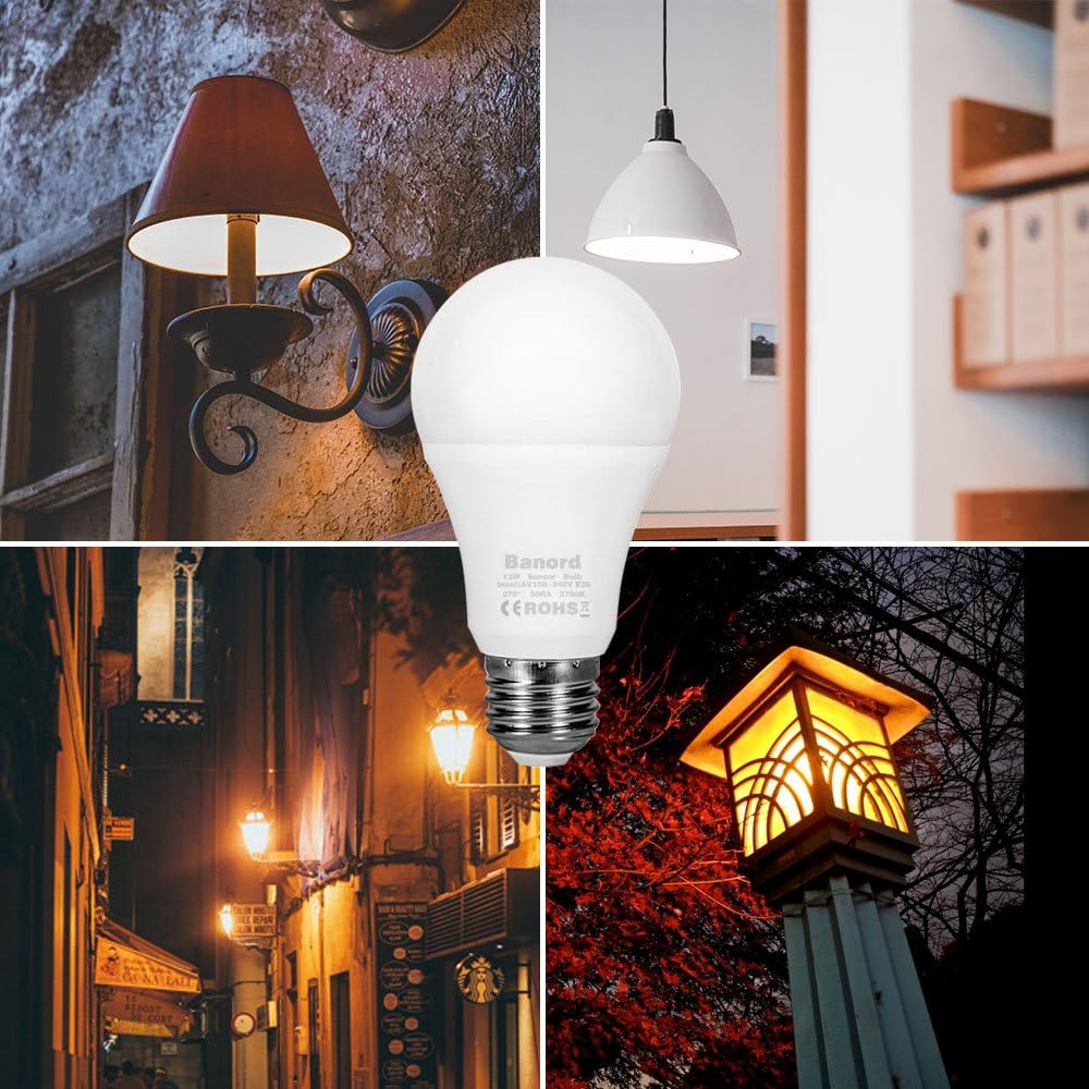 Banord Dusk to Dawn Light Bulbs, 3 Pack 12W Smart Sensor Lighting Bulbs Auto Turn On/Off 2700K Warm White Outdoor LED Bulbs, E26 Base, Non-Dimmable