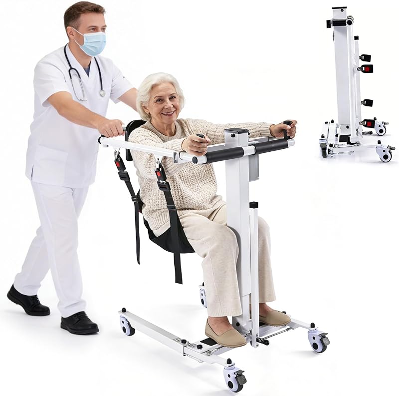 Electric Patient Lift Transfer Chair, Assist Lift Aid for Home Care Use, Portable Folding Transfer to Car Device, Handicap Lift Bathroom Shower Chair, Transport Wheelchair for Seniors (White)