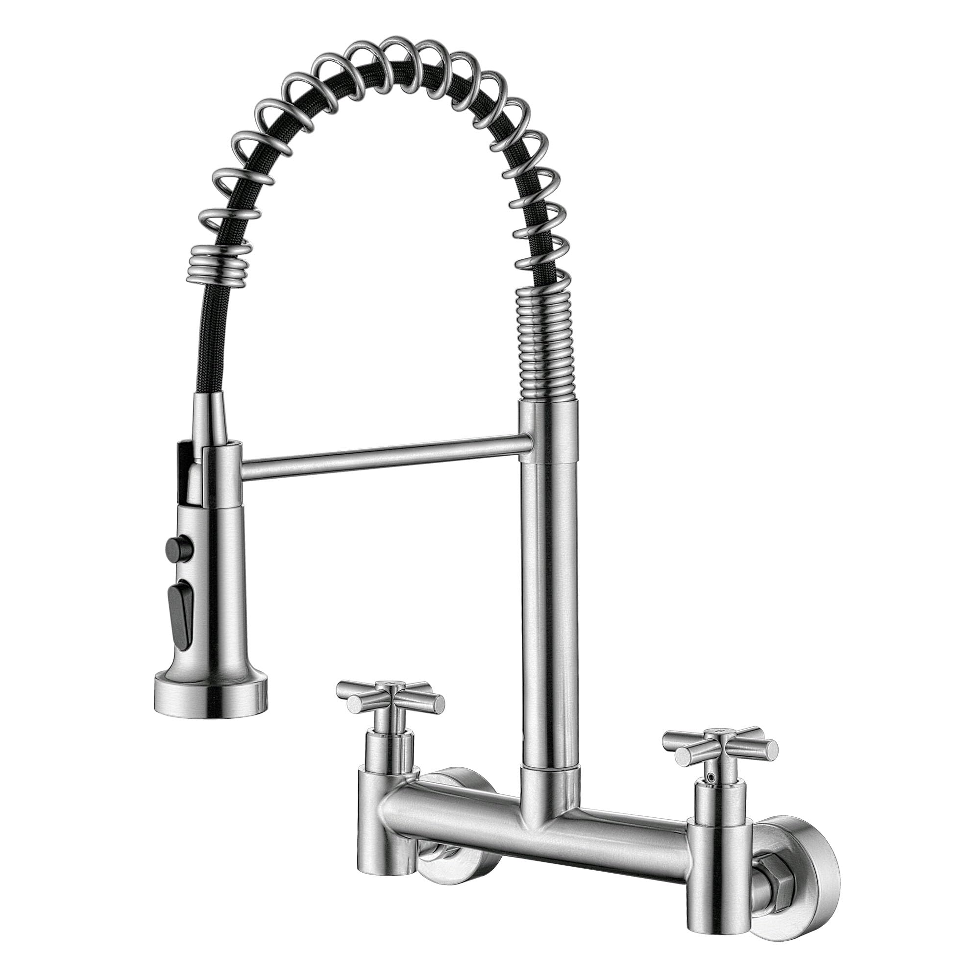 Wall Mount Faucet 8 Inch Center, with Pull Down Sprayer, Commercial Mixer Tap, High Arc Dual Handle Spring Kitchen Sink Faucet