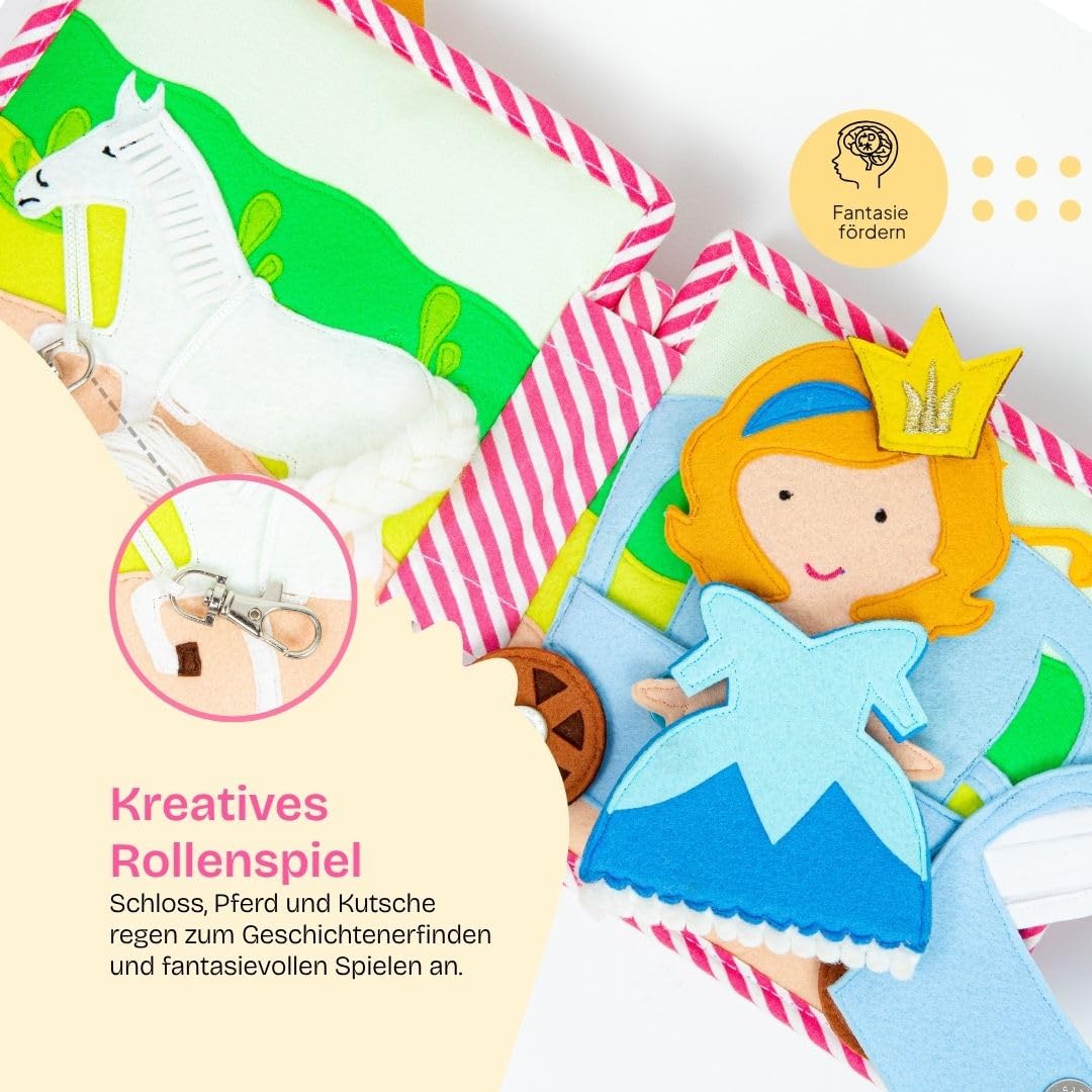 Jolly Designs Mini Quiet Book Kleine Prinzessin – Montessori Spielzeug ab 36 Monaten – Sensorisches Stoffbuch für Kinder – Handgemachtes Busy Book mit 6 Aktivitätsseiten
