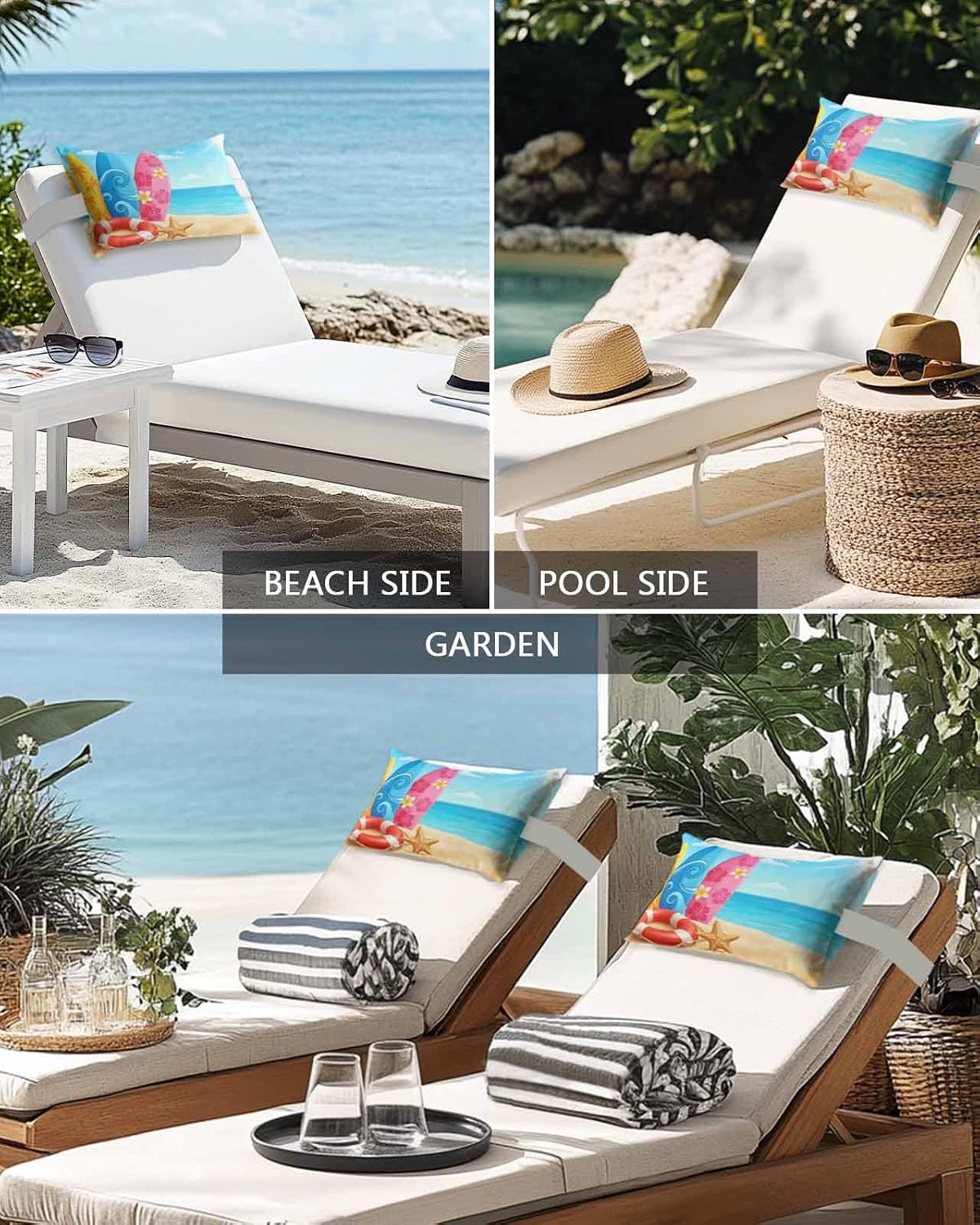 Summer Ocean Beach Surfboard Outdoor Head Pillows for Recliner Lounge Chair,Pack of 2 Waterproof Throw Pillow Cushion Cases with Insert&Strap,Swim Rings Starfish Blue Sky Neck Pillow for Patio Beach