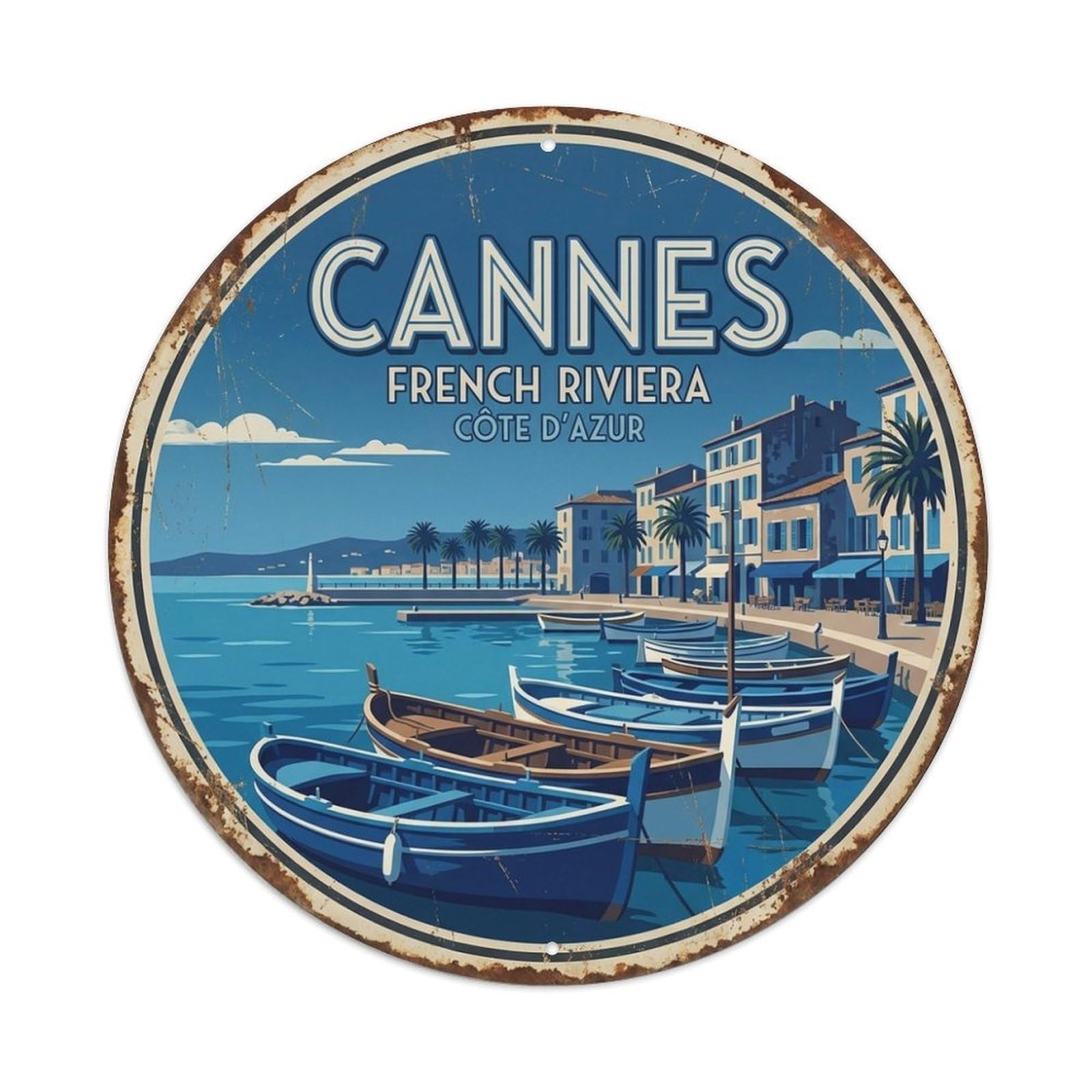 Cannes Harbor Boats French Riviera Coastal Travel Retro Metal Tin Sign