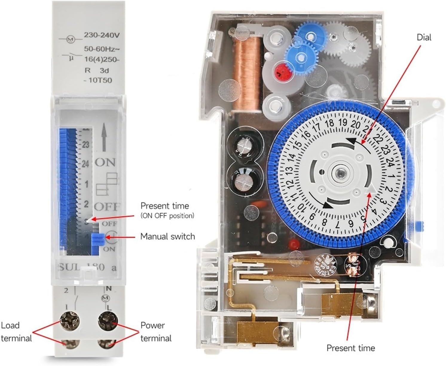 SUL180A Din Rail Mechanical Timer Switch 24 Hours Relay Analogues Electrical Programmable Timer 220V 16A