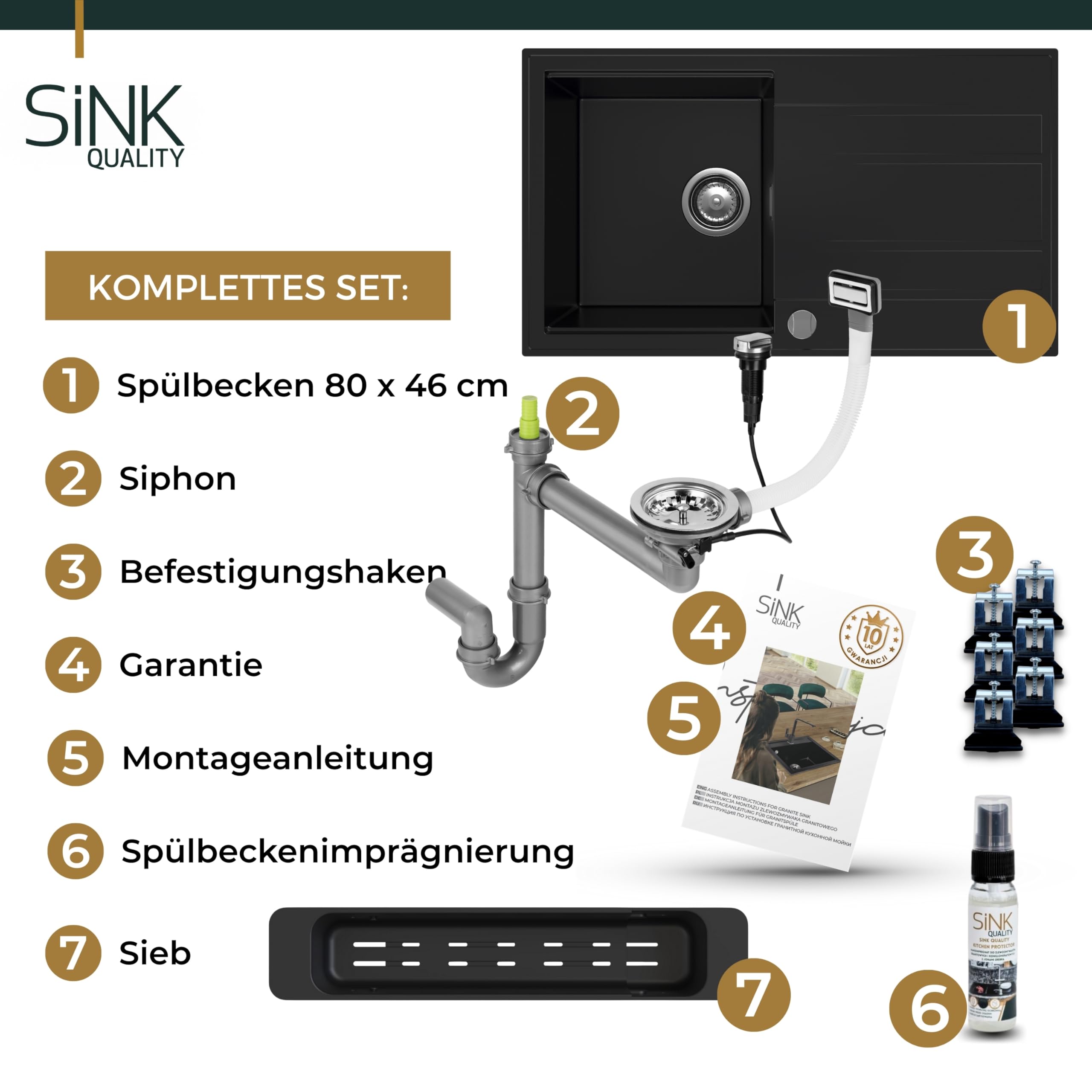 SINK Quality zlewozmywak kuchenny z ociekaczem – zlewozmywak czarny 80 x 46 cm – w zestawie syfon i środki impregnujące – zlewozmywak do zabudowy do szafki pod umywalkę 55 – zlewozmywak granitowy