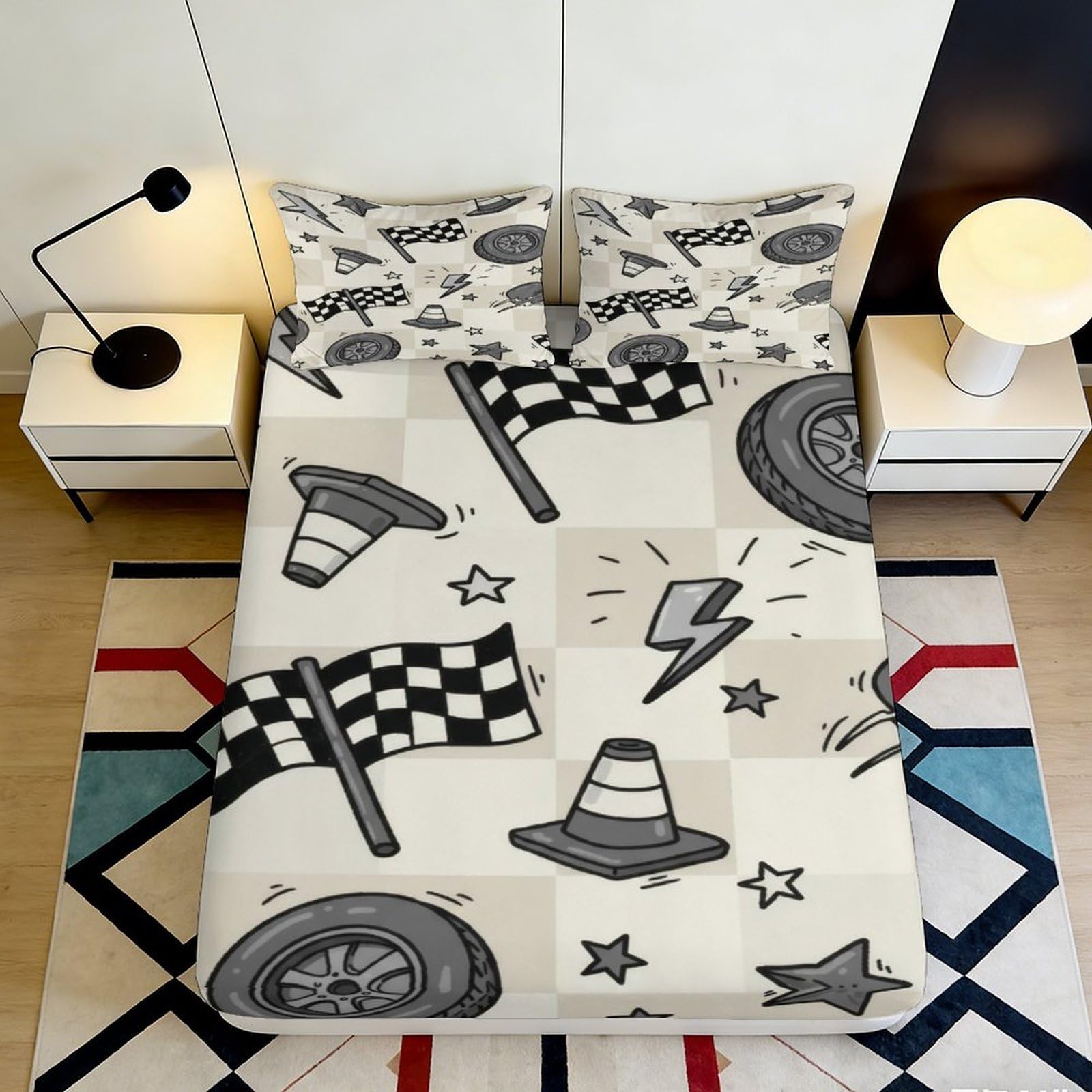 3D Printed Racing Flag Fitted Sheet Microfiber Durable Soft Checkered Pattern Mattress Cover for Bedroom Dormitory Guest Room Mattress Protection 200x200x25cm