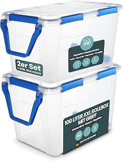 Kreher® Aufbewahrungsbox mit Deckel (100 Liter) – Wasserdichte Box stapelbar, Luftdichte Box BPA- & schadstofffrei, robuste Lagerboxen mit Silikondichtung, Kunstoffbox mit 6 Clips (2)