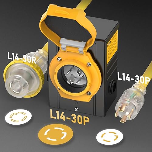 Miniatura 2 de TOOLIOM Caja de entrada de generador de 30 amperios, caja de entrada de alimentación NEMA L14-30P de 4 clavijas y cable de extensión de generador de