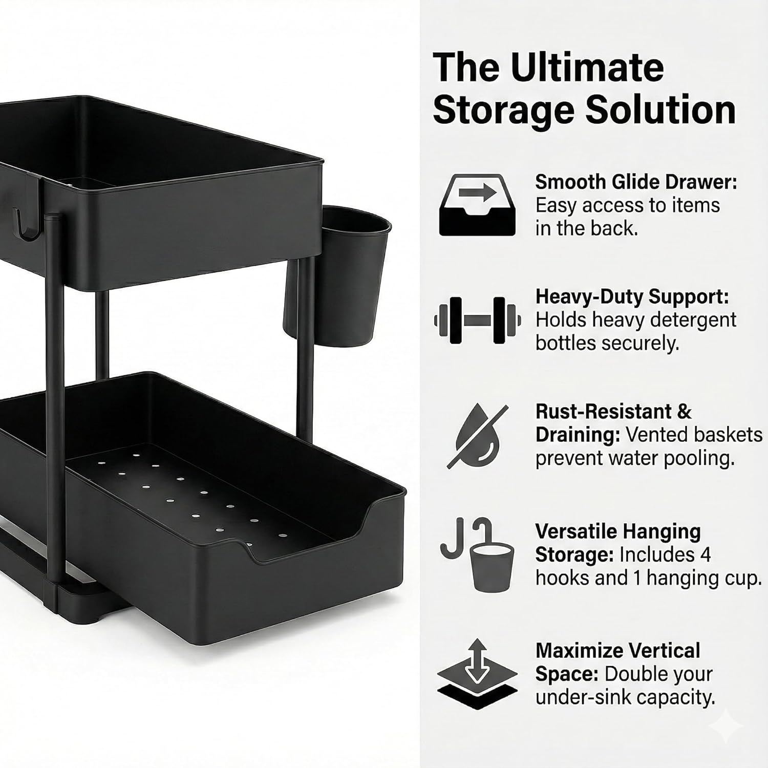 Under Sink Organizer – 2 Tier Sliding cabinet organizer with 4 Hooks & 1 Cup | Multi-Purpose Space Saving Shelf for under kitchen sink storage, Countertop, Bathroom, Pantry & Office Organization - Image 9