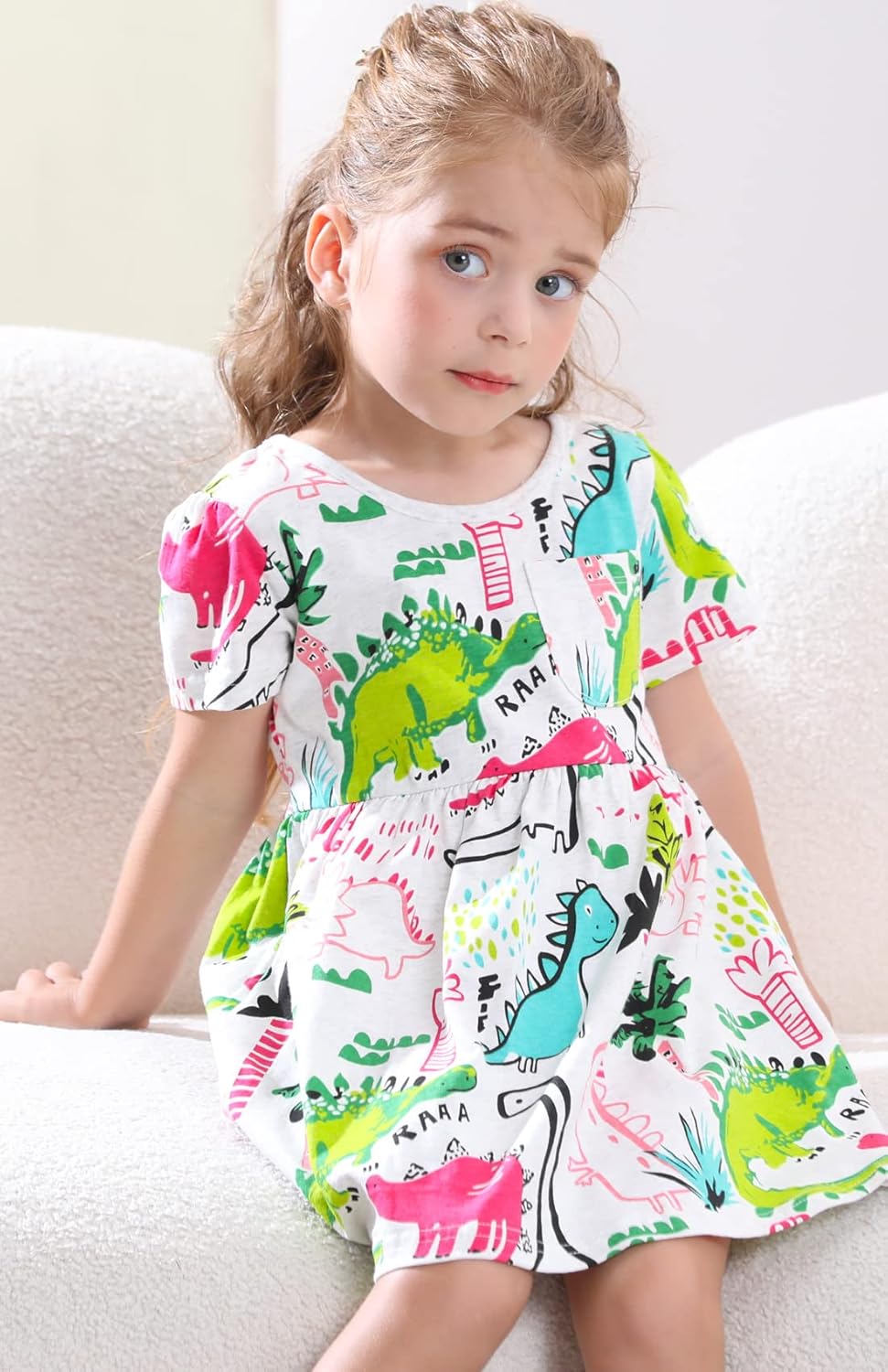 Frogwill Toddler Girls Cotton Dinosaur Tunic Dress Short Sleeve Summer Casual Outfit 2-7T - Image 6