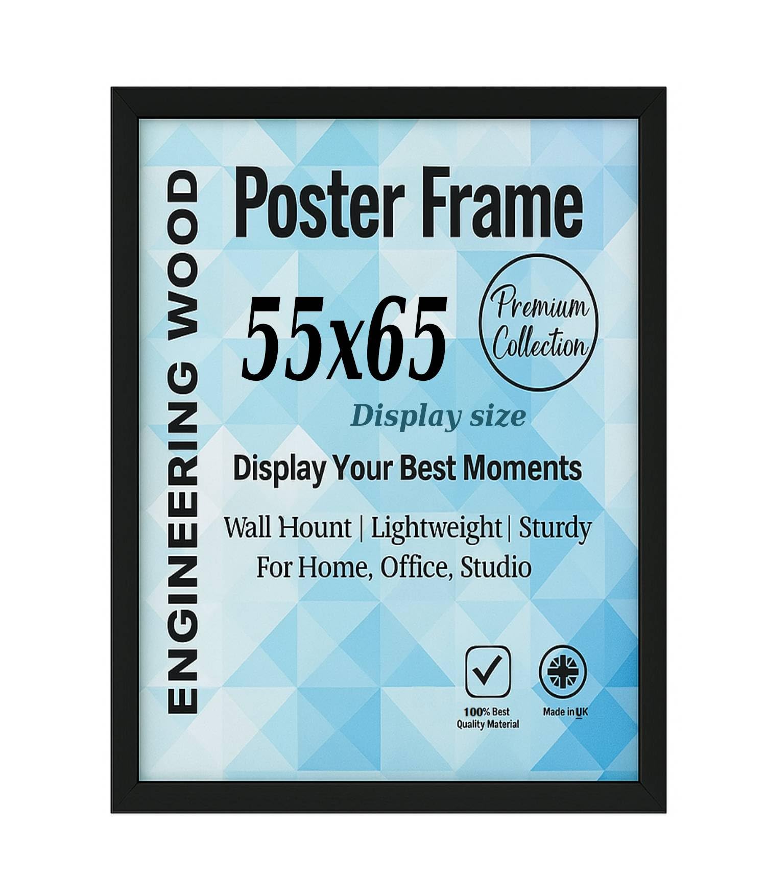 Modern Black Poster Frame 55x65 cm Size For Display MDF Wood Construction with Acrylic Glass - Picture Frame