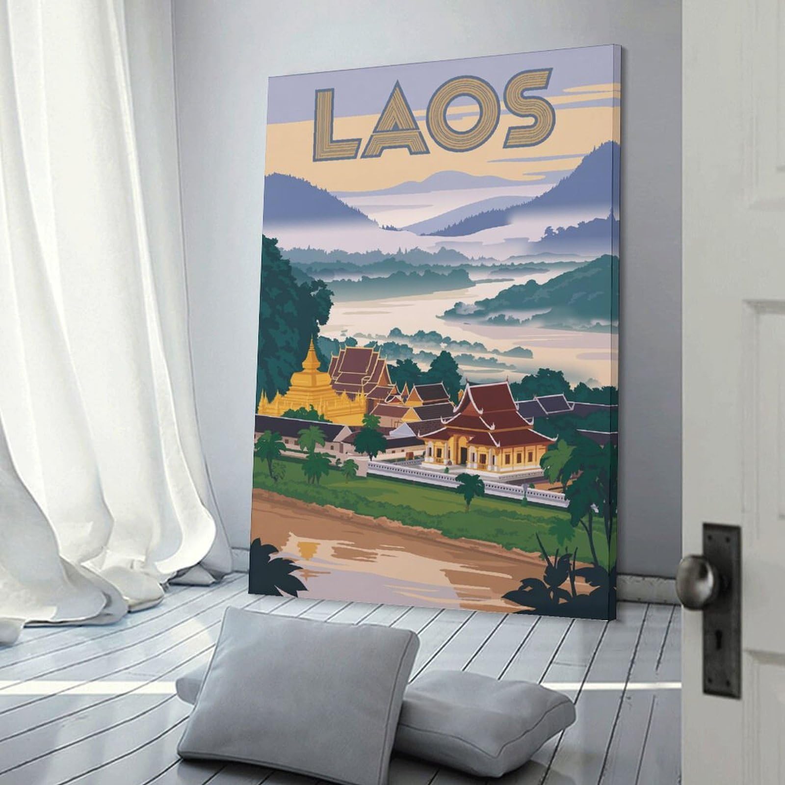 Junmoney Laos Travel (3) Canvas Wall Decor, 12x18inch(30x45cm), for New Homes, Bedrooms Or Workspaces, Gift Idea for Housewarming And Birthdays