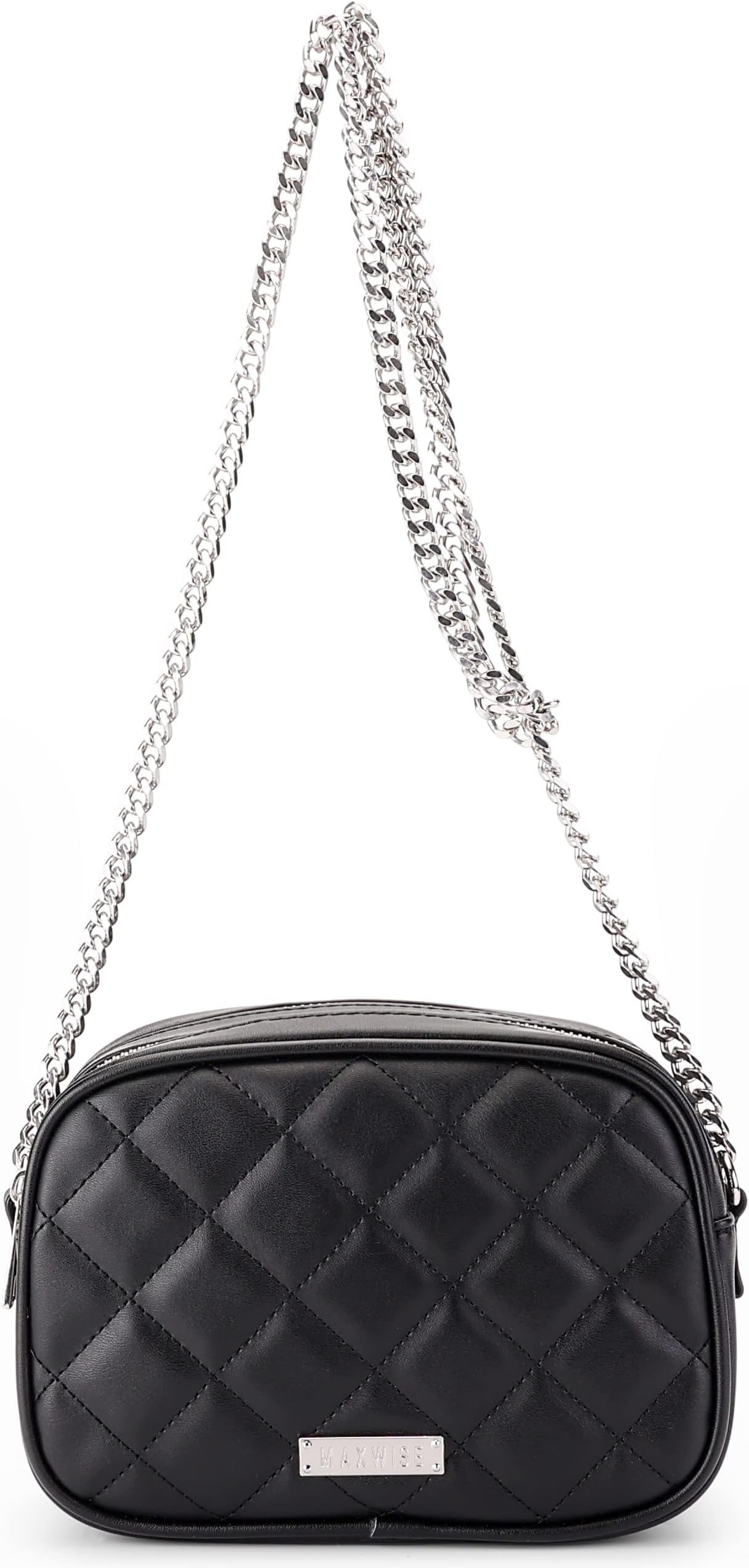 MAXWISE Women's Quilted Crossbody Bags Quilted Crossbody Purse Small Crossbody Shoulder Bag with Chain Strap Side Purse for Women（Black）