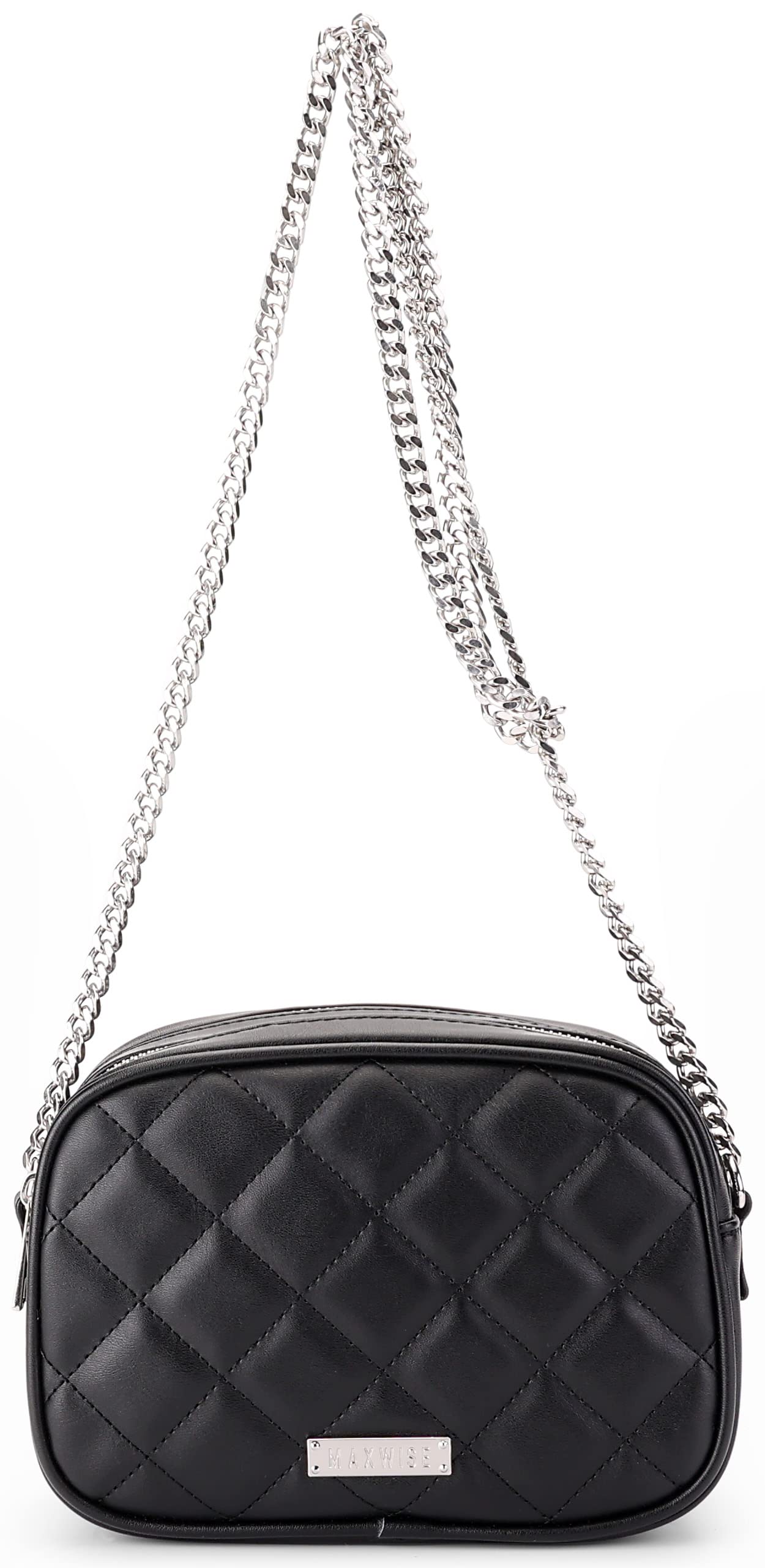 MAXWISE Women's Quilted Crossbody Bags Quilted Crossbody Purse Small Crossbody Shoulder Bag with Chain Strap Side Purse for Women（Black）