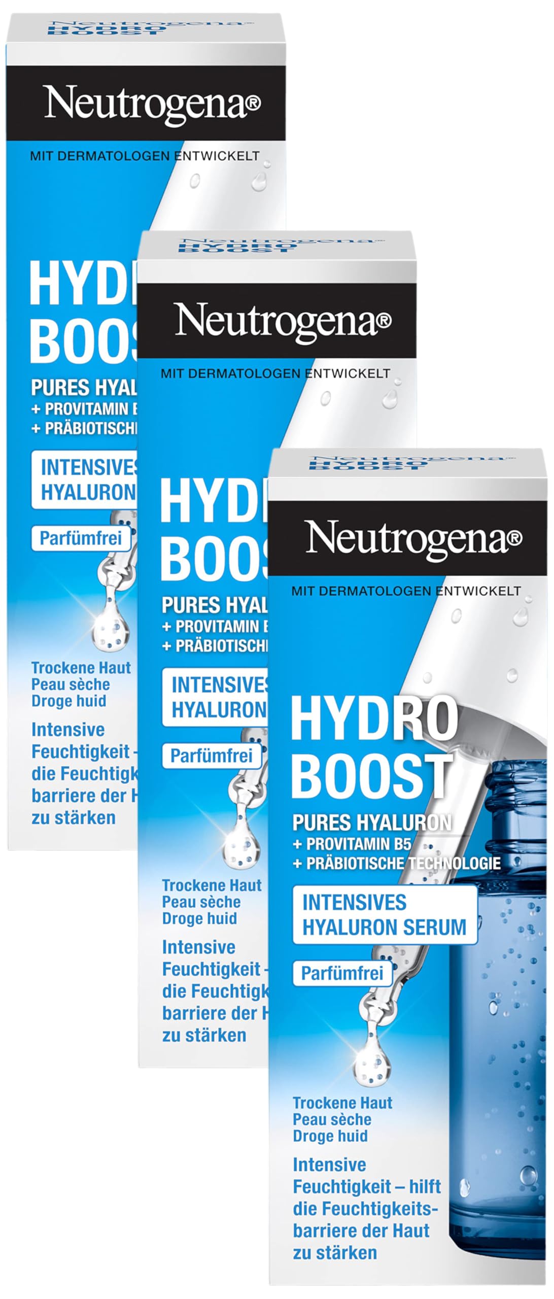 Neutrogena Hydro Boost Hyaluron Konzentrat (15ml), Gesichtspflege Mit 2 Formen Von Hyaluronsäure, Provitamin B5 & Präbiotischer Technologie, Spendet Intensive Feuchtigkeit (Packung mit 3)
