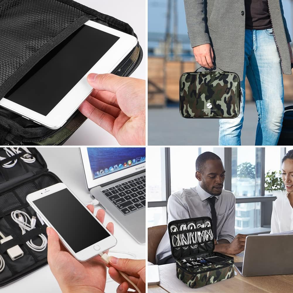 Travel Electronics Organizer, Waterproof Cable Organizer Bag for Electronic Accessories Double Layer Large Shockproof Cable Storage Bag for Cord, Power Bank, Tablet(Up to iPad 11 inch)