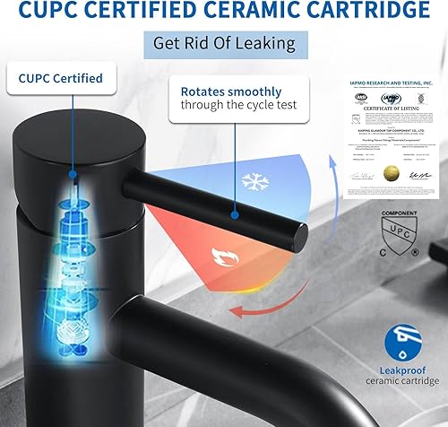 Miniatura 7 de Grifo de lavabo de baño negro de un solo agujero, grifo de lavabo de una sola manija, acero inoxidable negro mate, moderno grifo de baño con líneas