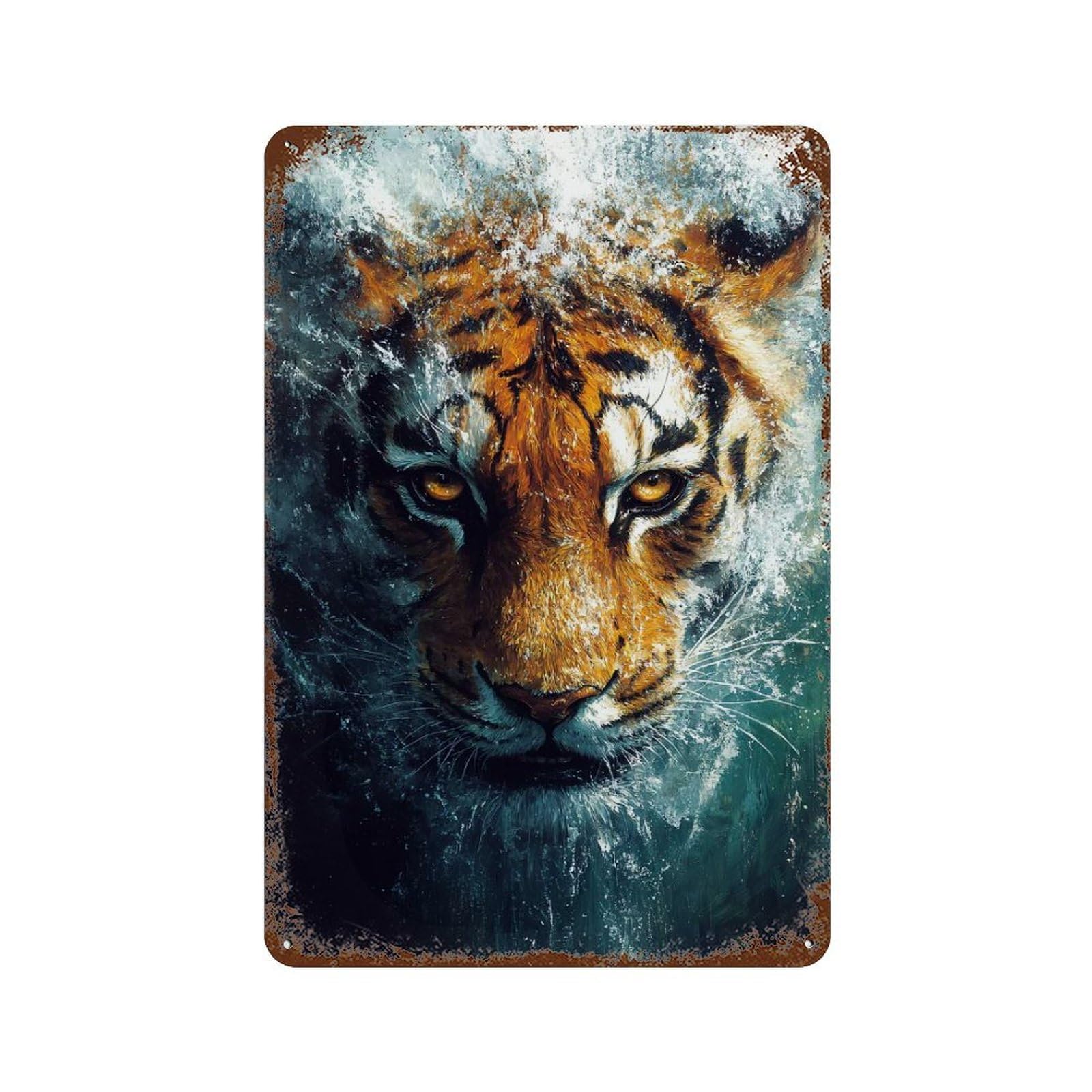 Rust Effect Tiger in Water Painting Rustic Tin Plaque 11.8"x7.9", Classic Wall Plaque for Shed, Workshop And Garage Wall Decor