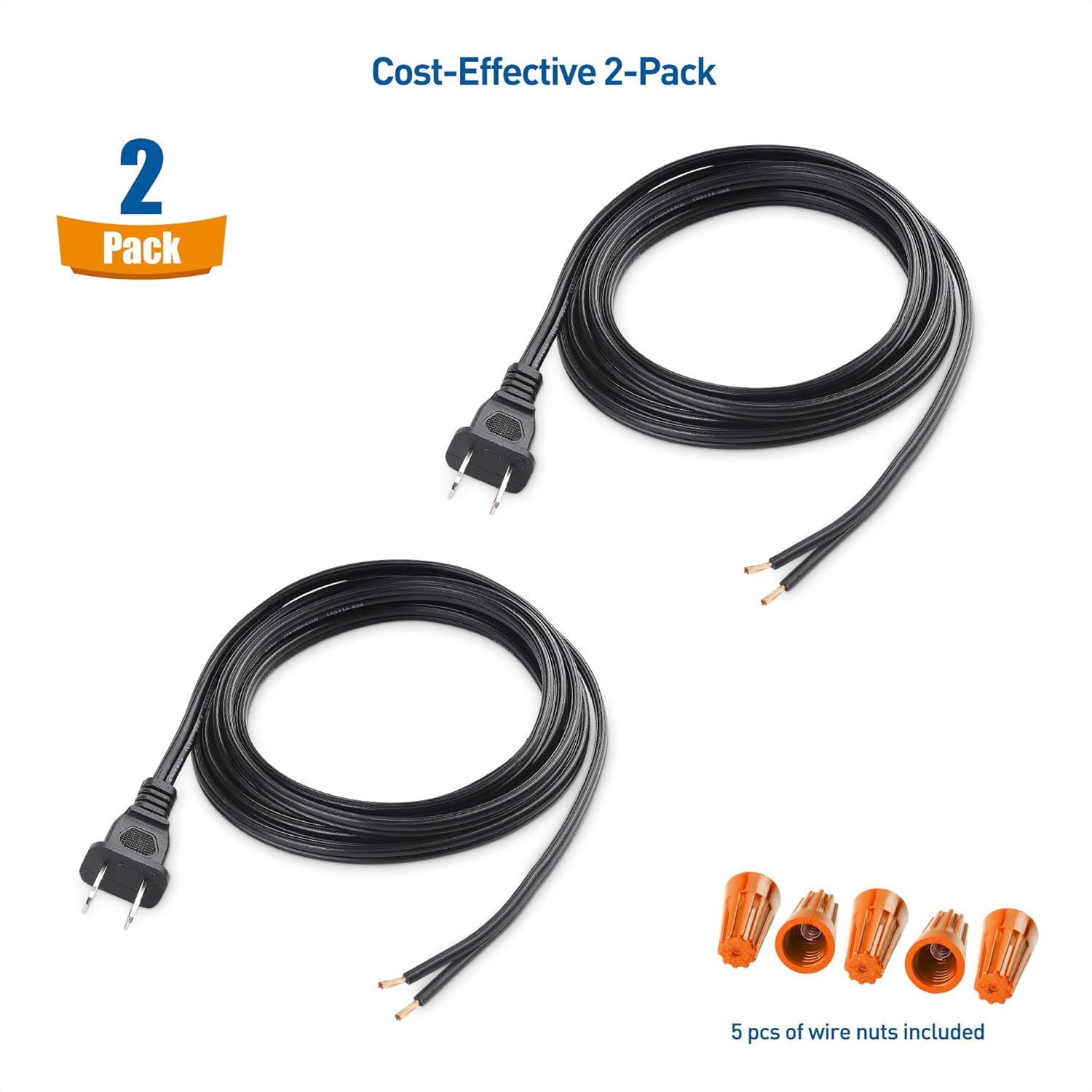 Cable Matters 2-Pack Polarized 18AWG 2 Prong Replacement Cord Lamp Wire 8 ft - 10A, NEMA 1-15P to 2 Wire for Lamp Cord Replacement with Plug