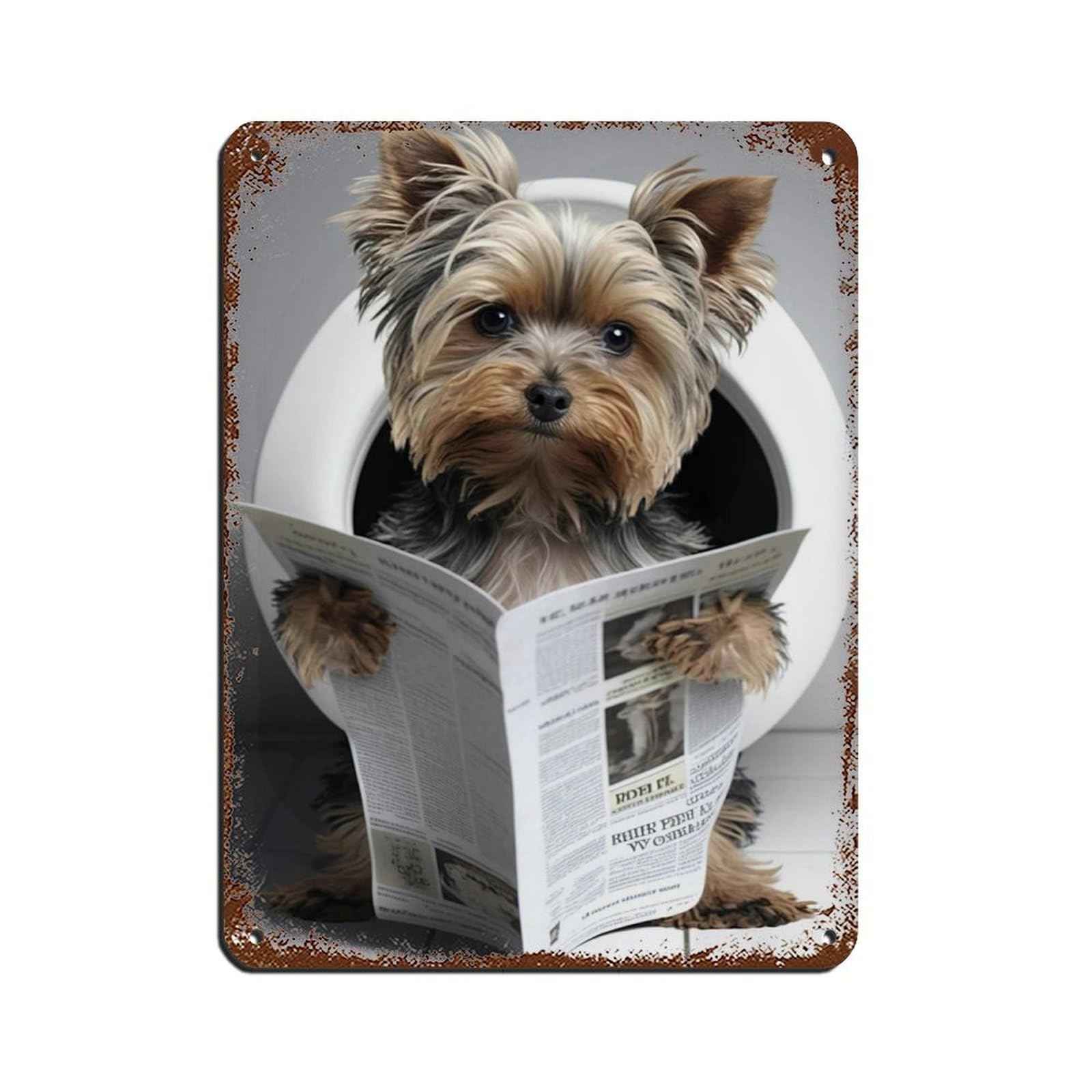 Yorkshire Terrier Sitting on The Toilet Reading A Newspaper Retro Poster Metal Tin Sign Chic Art Retro Iron Painting Bar People Cave Cafe Family Garage Poster Wall Decoration 12x16inch(30x40cm)