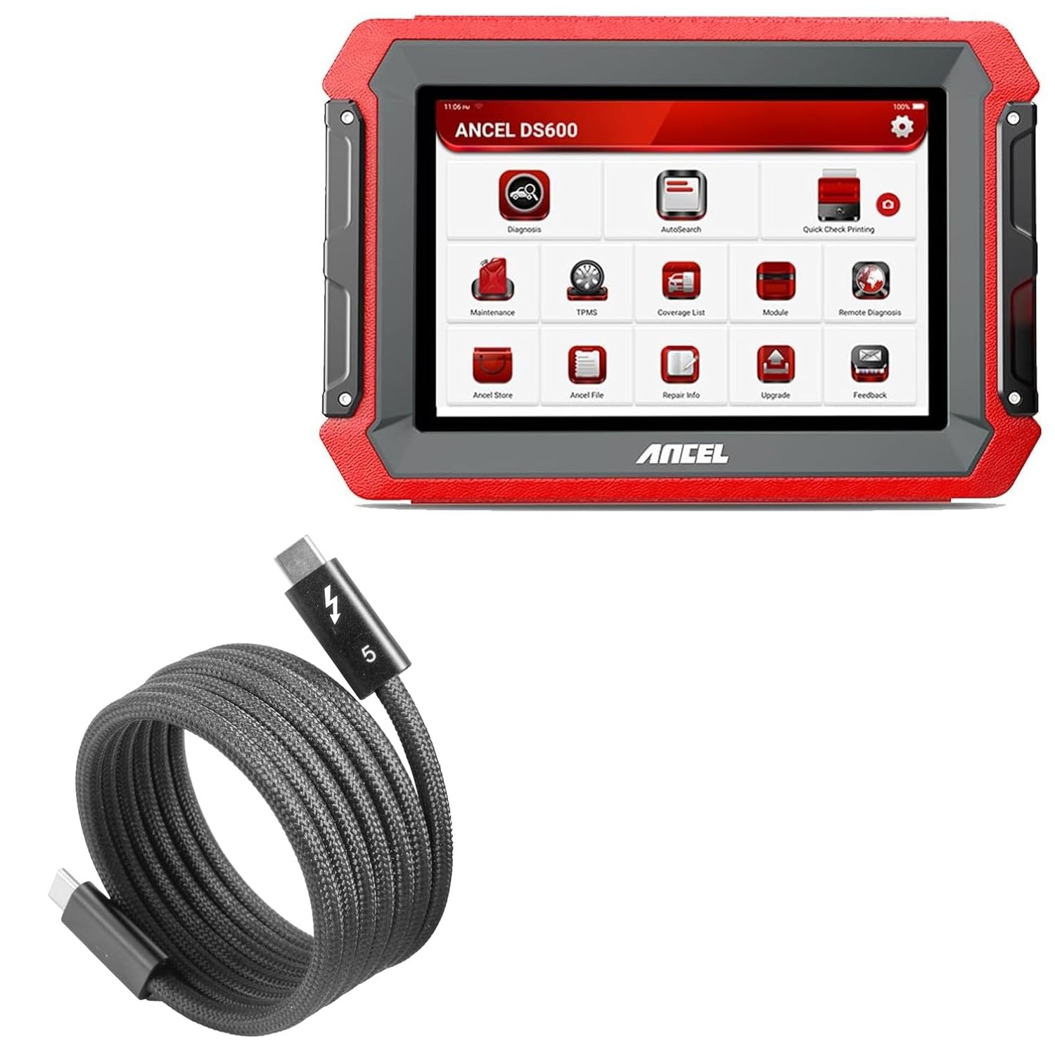 BoxWave Cable Compatible with Ancel DS600 Elite (8 in) - SnapWrap Thunderbolt 5.0 Cable (5ft 240W), Magnetic Self-Coiling Nylon Braided Retractable - Jet Black