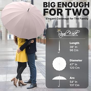 Royal Walk Large Umbrella Windproof Strong Big Golf for 2 Adults Men Women | 54” Wind Resistant Rain Stick Umbrella for Ladies & Gents, Automatic Оpen, UV, Sturdy Rainproof 16-Rib, Wooden Handle, 120 cm