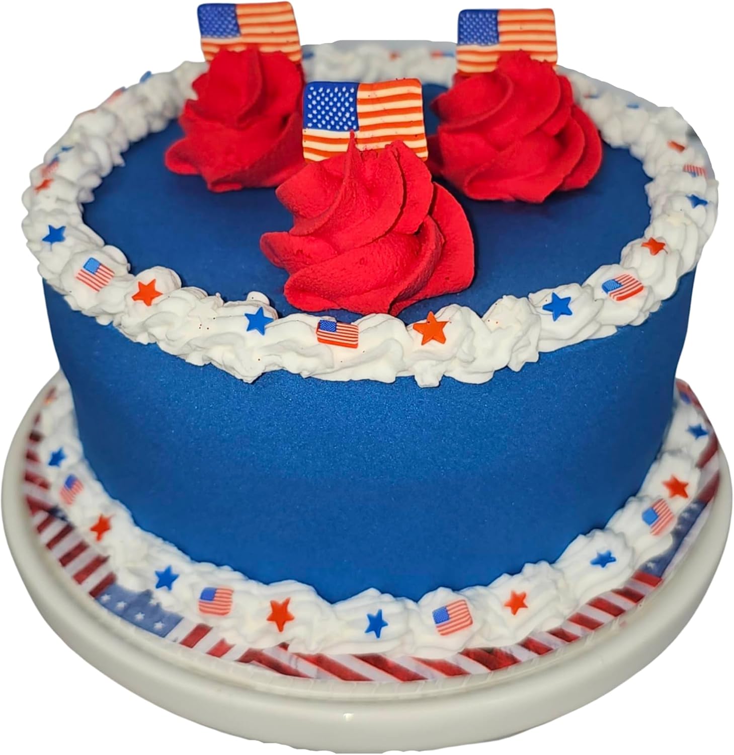 USA Flag Cake, Fake 4th of July Cake, Patriotic Tiered Tray, Fake Patriotic Dessert, Patriotic Faux Cake with Mini Flags and Stars, Handmade Display Decor for 4th of July, Memorial Day, and more
