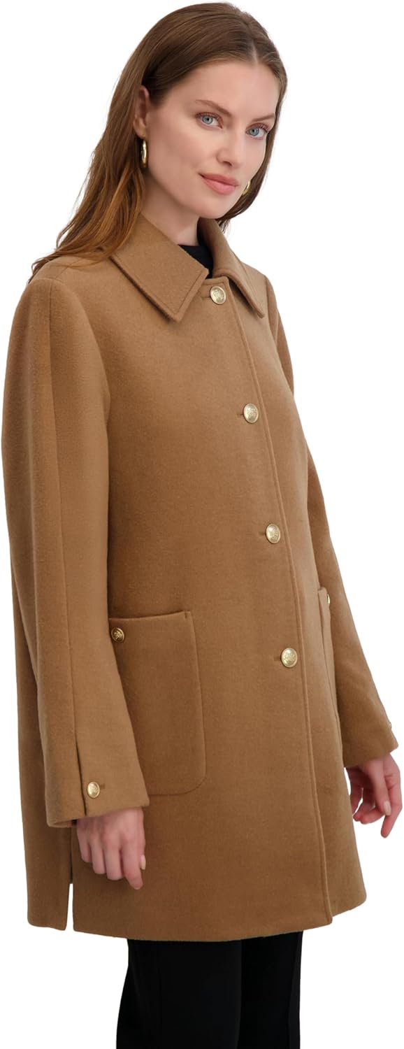 TAHARI womens Single-breasted Soft Wool Coat With Satin Gold Buttons, Pockets, Side Slit, 32" Length - Image 3