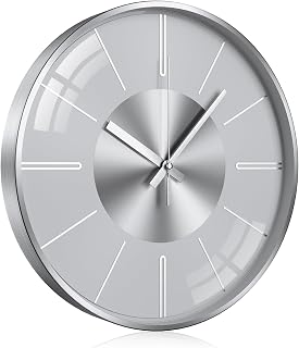Wanduhr Ohne Tickgeräusche Lautlos Modern wanduhren 12 Zoll Rund Geräuschlos Küchenuhr Aluminium Wall Clock Für Wohnzimmer Küche Schlafzimmer Und Büro(Silberne und weiße Skala)
