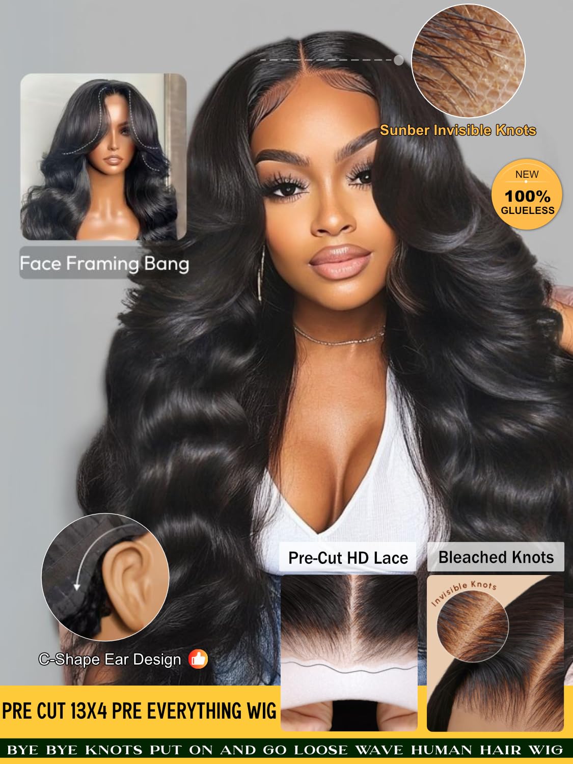 Sunber 13x4 HD Lace Loose Wave Human Hair with Drawstring Wig Upgrade 3D Cap Bye Bye Knots Pre Cut13X4 Lace Front Put On and Go 3S Wear Glueless Wigs Pre Plucked Pre Bleached Invisible Knots 18Inch