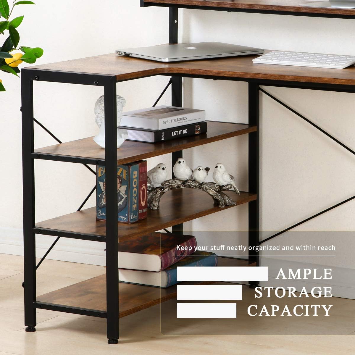 MELLCOM Industrial Computer Writing Desk, Large Writing Desk for Home Office, Computer Desk with 2 Adjustable Storage Shelves on Left or Right Side and 2 Headset Hooks