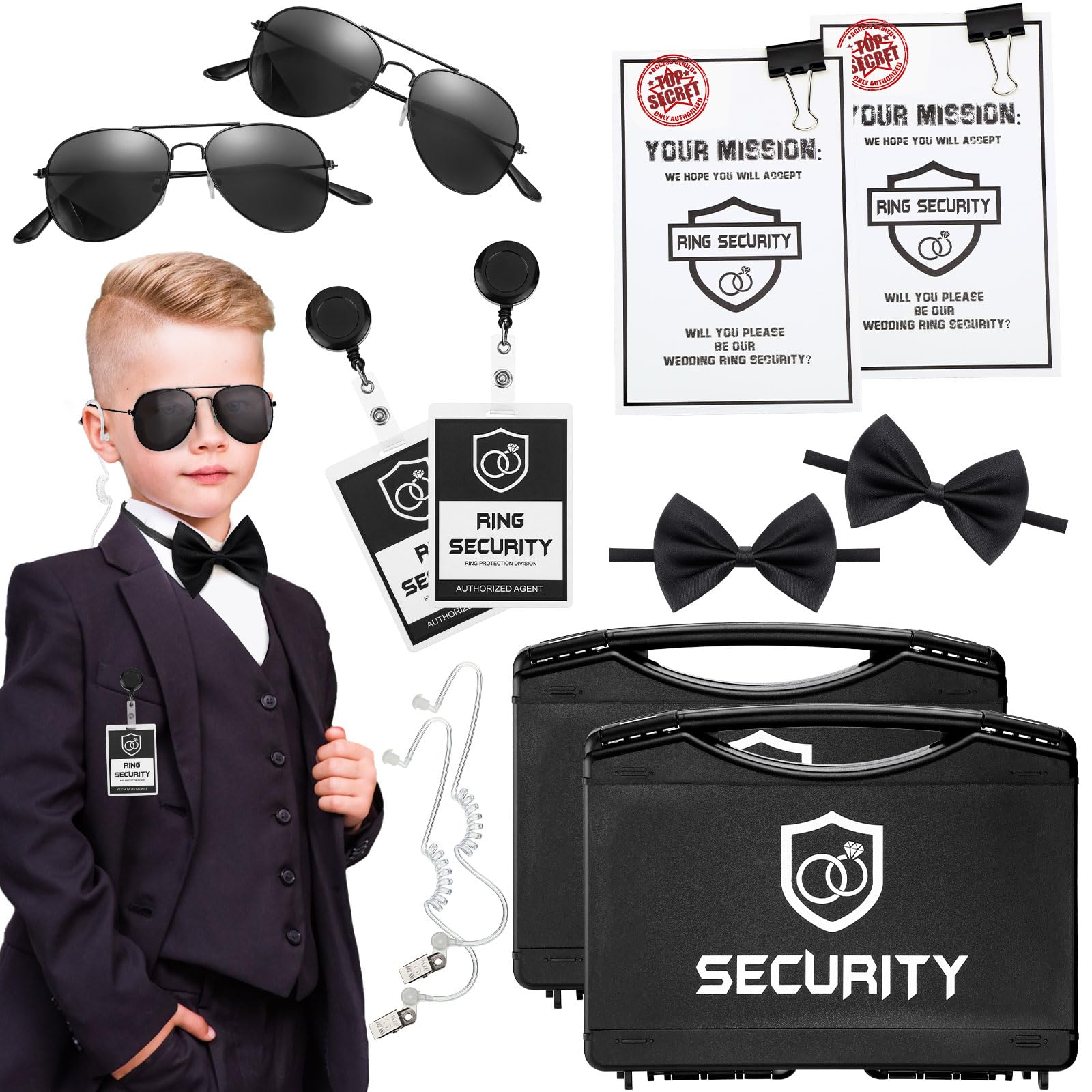 Mepase 14 Pcs Ring Wedding Bearer Security Set Include Ring Bearer Box ID Badge Holder Sunglass Acoustic Earpiece Tube Mission Card with Binder Clip Bow for Kids (PP Plastic Suitcase)