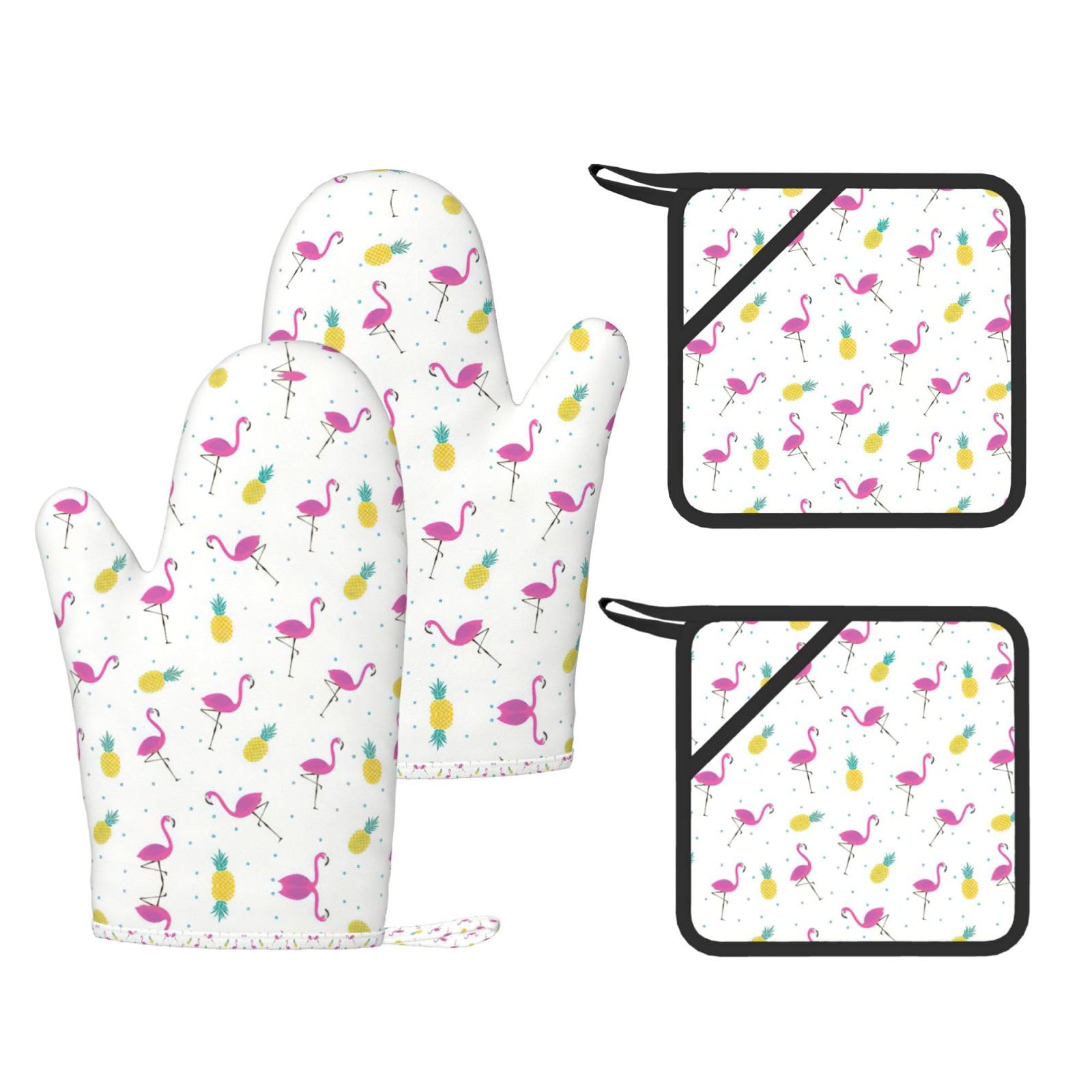 Eeprty Black Flamingo And Pineapple Printed Kitchen Oven Gloves And Potholder 4 Pcs, Non-Slip Heat Resistant Mitts For Baking Chef