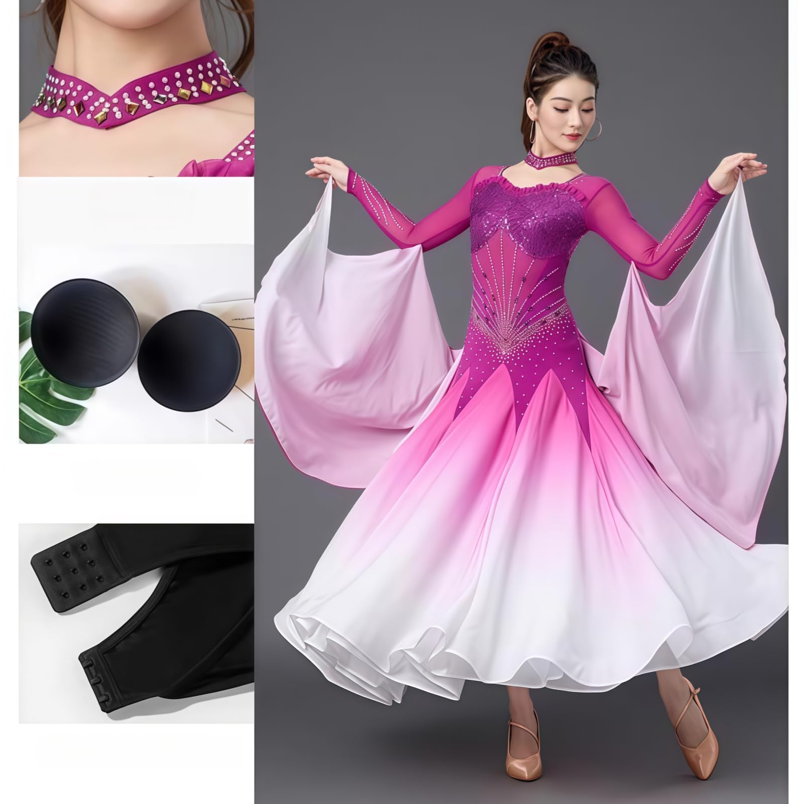 Damen Standard Ballroom Tanzkleid, Langarm Elegantes Tanzkleid Mit Farbverlauf Rock Und Strass, Fließendes Abend- Und Turnierkleid Für Walzer Tango Foxtrott