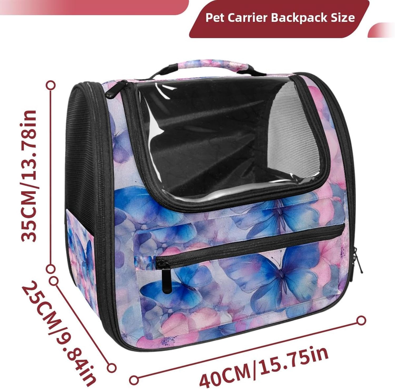 Cat Backpack Carrier for Small Dogs Cats, Soft-Sided Pet Carrier Backpack with Ventilated Mesh Windows and Safety Leash, Pink and Blue Butterflies and Flowers