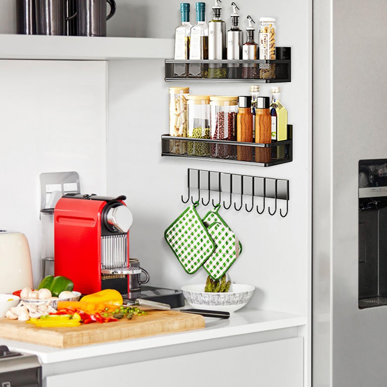 Nevera Estante de Especias Imán - 3 Piezas Organizador Multifuncional Con Ganchos - Estante Magnético de Especias Para Nevera | Para Cocina Casa Armario Olla De Pared Estufa Encimera Armario Hierbas