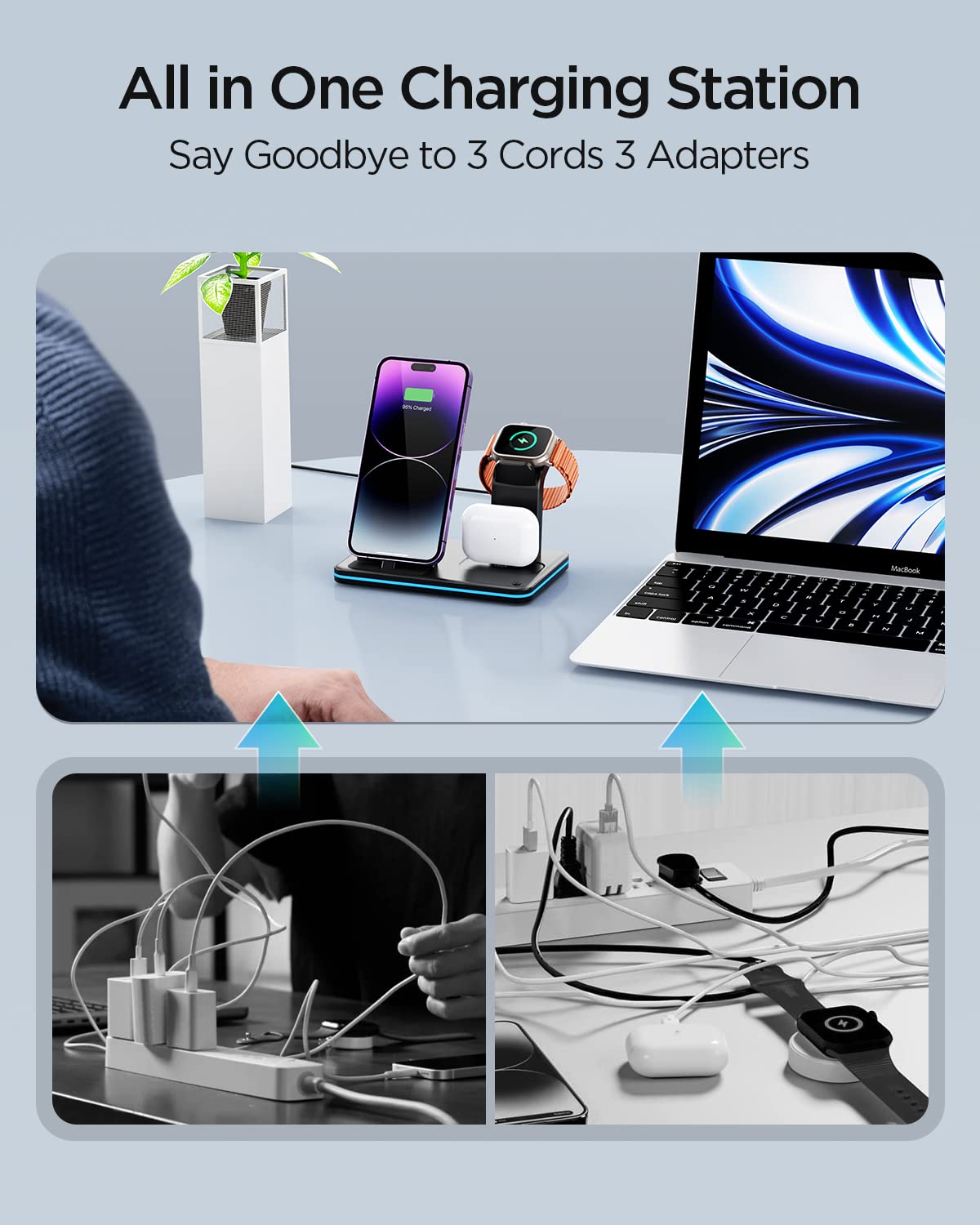 Station De Charge 3 En 1 Hohato Pour IPhone, Apple Watch, AirPods - Charge Rapide 18W, Veilleuse, Blanc - 11