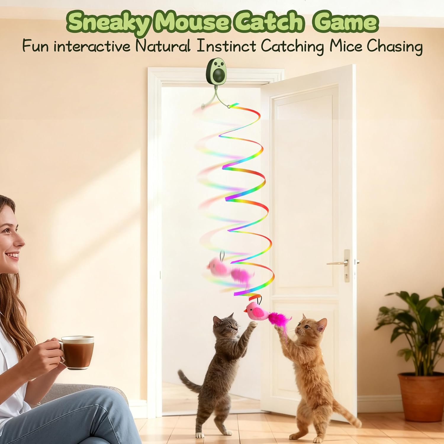 Interactive Cat Toys for Indoor Cats,Electric Flying Bird & Mouse Wand Teaser, Automatic Hanging Door Frame Chase/Hunt/Exercise Stimulate Feather Cat Toy for Bored Indoor Adult & Kitten