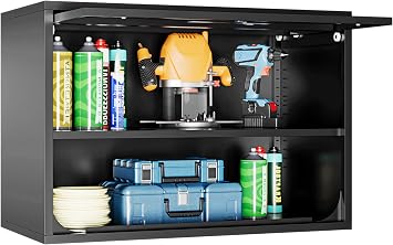 SISESOL Metal Wall Cabinet with Up-Flip Door, 21.6" H Mounted Storage Cabinet with Lock and Shelf,Black Floating Tool Cabinet for Garage/Basement/Kitchen/Warehouse