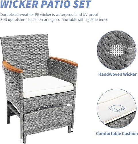 Miniatura 4 de Juego de 5 muebles de patio al aire libre con mesa y otomana para exteriores, juego de patio de mimbre bistró (mimbre gris y cojín básico, 5 piezas,