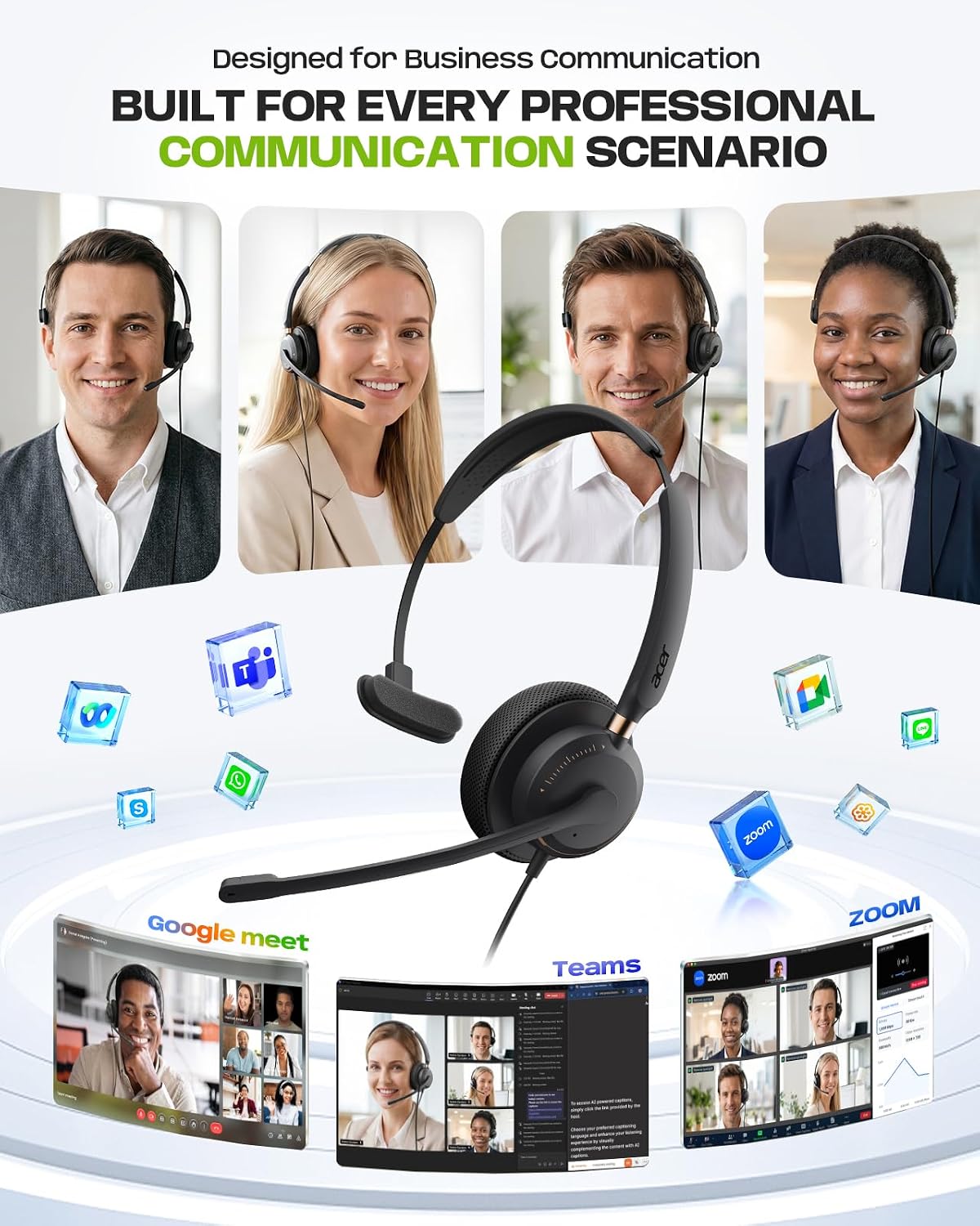 Acer USB Headset with Microphone, Clear Sound Quality for Call ＆ Meetings, Wired Computer Headset for PC Laptop, Single Ear Headset for Office, Work, Teams and Call Center Use - USB-A/C & 3.5mm
