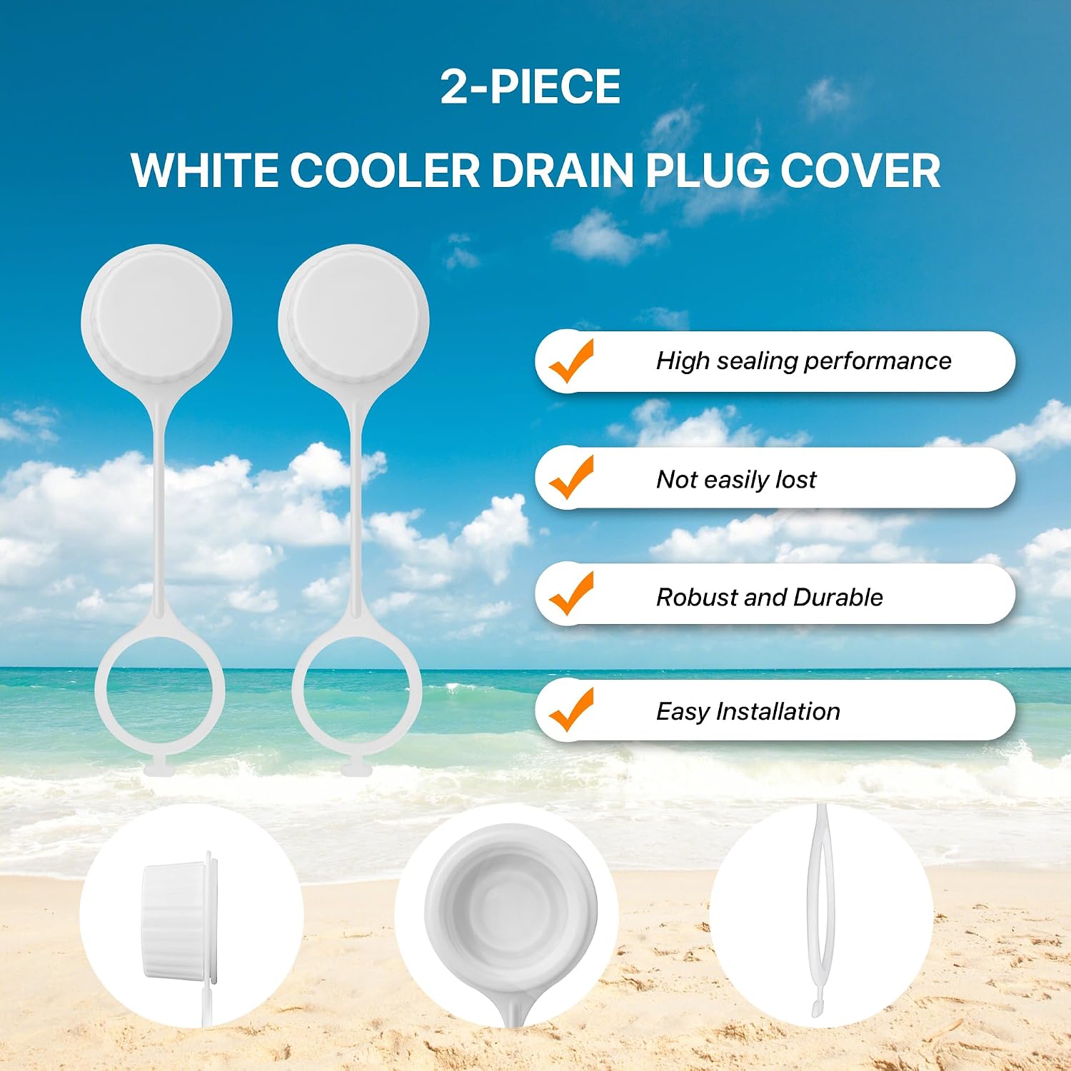Tethered Drain Plug caps,Compatible with Igloo Cooler Threaded Drain caps.Cooler Replacement Parts,Set of 2 White Cooler Drain Plug Cover
