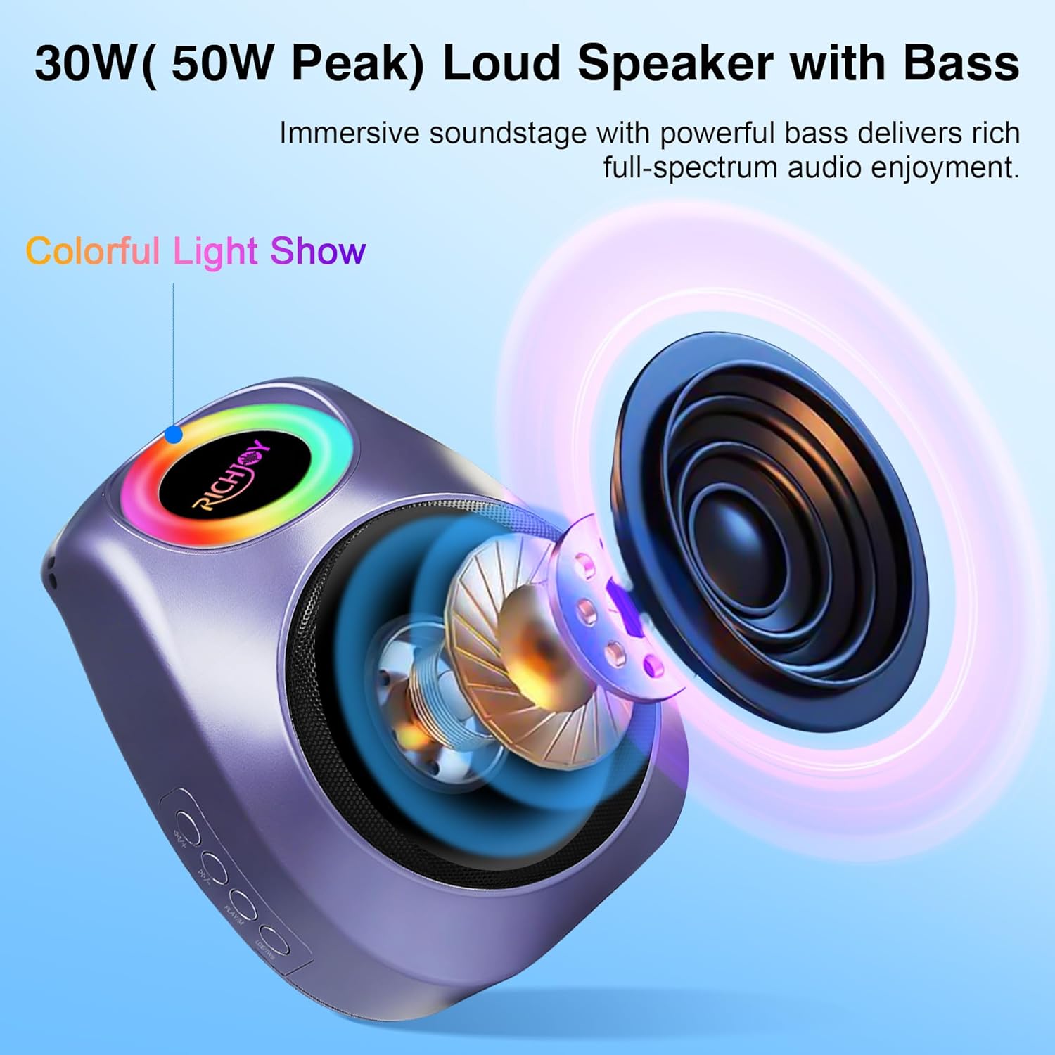Portable Speaker Bluetooth,BT5.3 Outdoor Speaker with Lights,30W Clear Loud Stereo Sound 4000mAh Battery TWS Pairing Stocking Stuffers for Camping/Party/Beach,Gift Ideas (Purple)