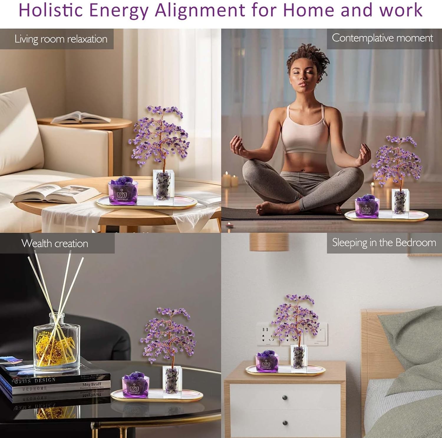 Runyangshi Amethyst Crystal Tree of Life & Natural Crystal Ore Diffuser Set for Office Desk Living Room Home Decor - Gemstone Tree for Money Positive Energy Feng Shui Good Luck Gift for Women and Mom